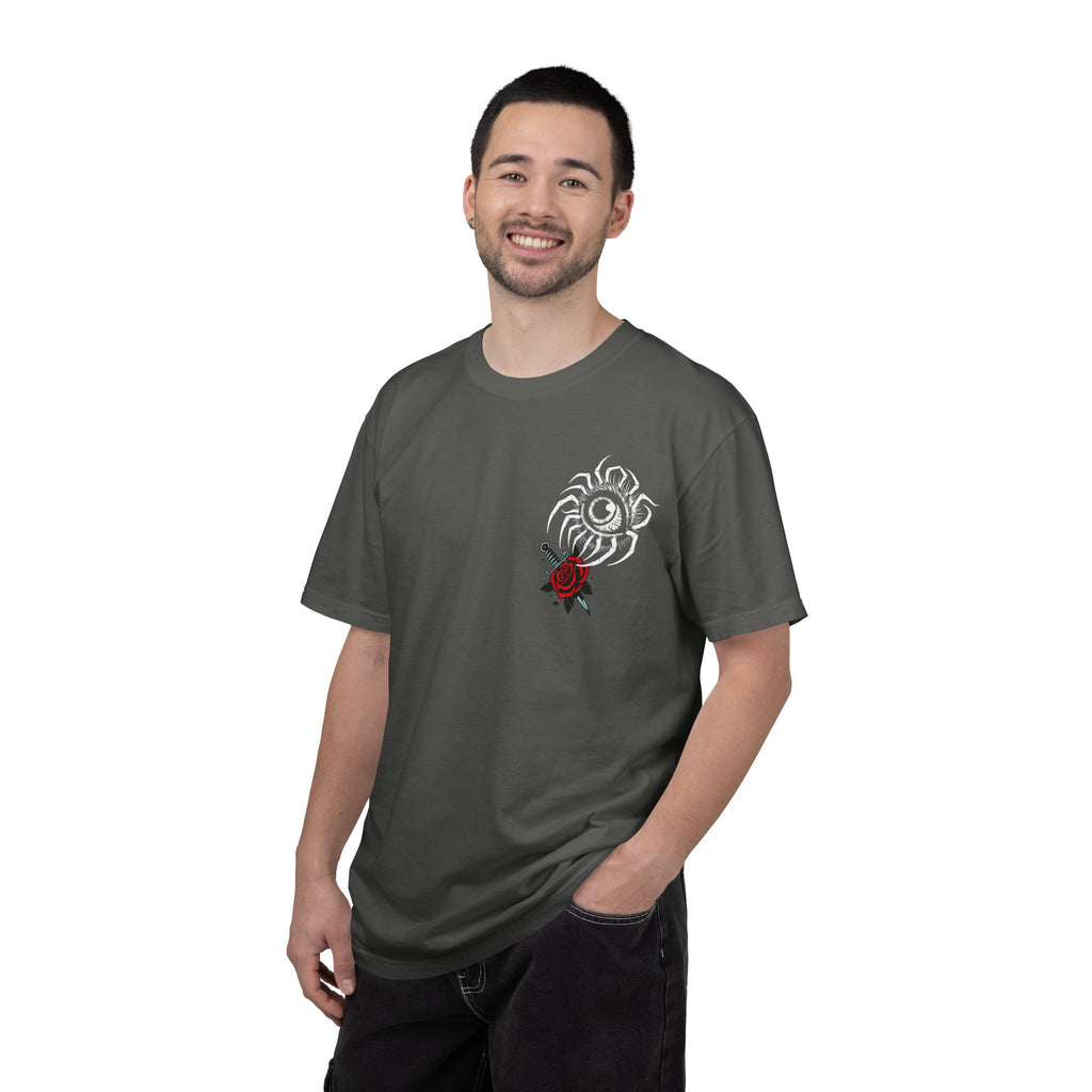 Skull & Red Rose Graphic T-Shirt — Midnight Rose Back Print - Eye T-Shirt - Mystical Tee - Dark Aesthetic Tee - Midnight Eye, LLC