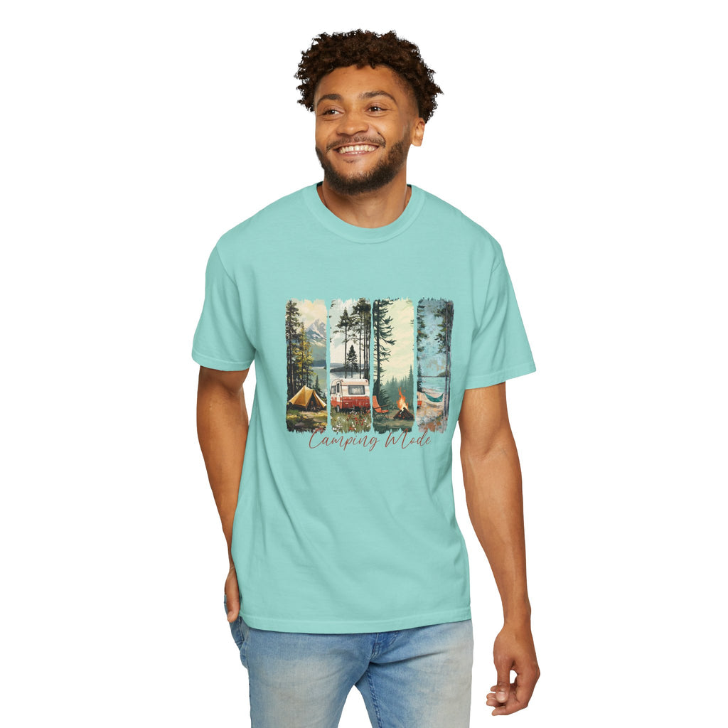Camping Vibes T-Shirt — 'Camping Mode' Scenic Camper Retro Graphic Tee - Family Adventure Tee - Outdoor Tee - Midnight Eye, LLC