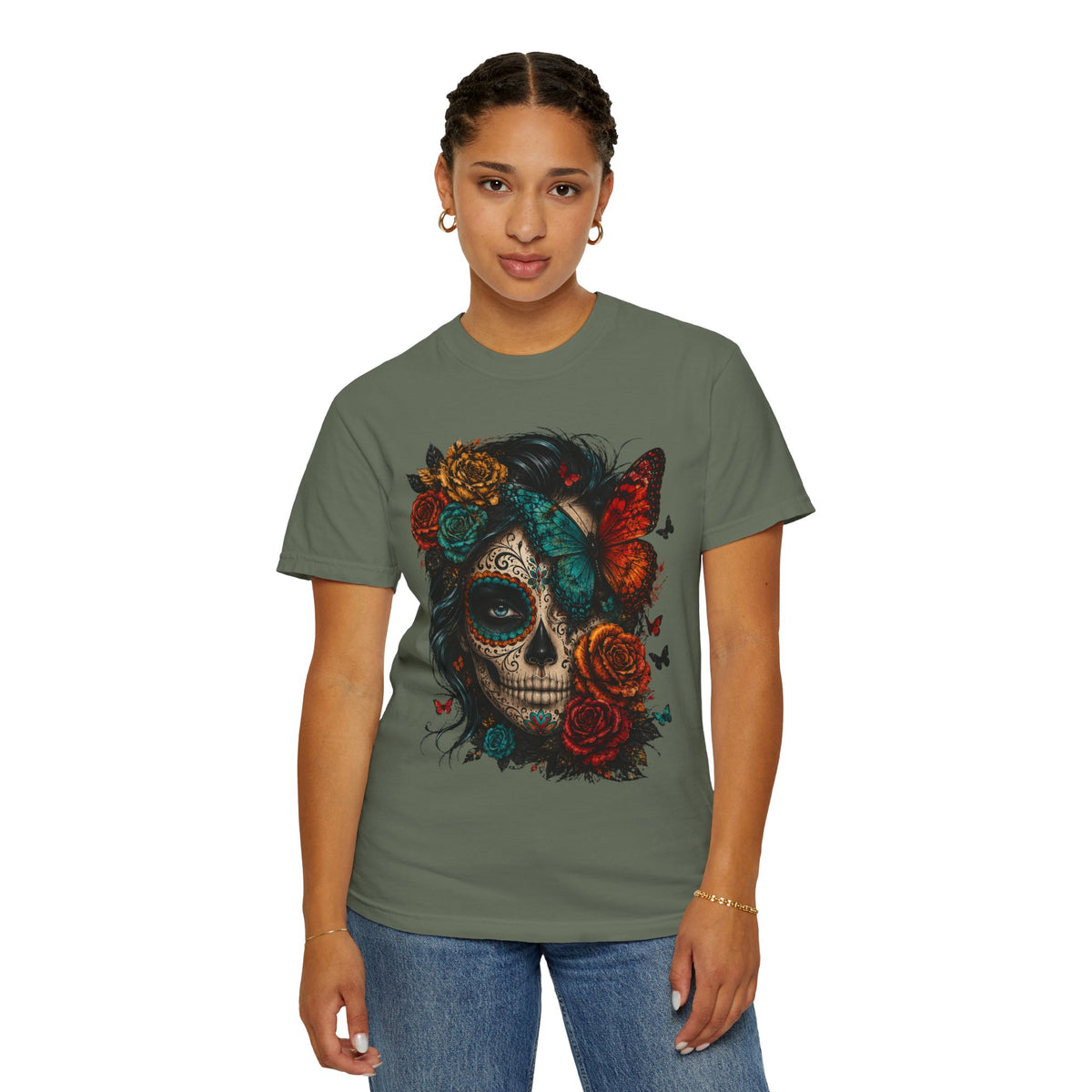 Day of the Dead Sugar Skull T-Shirt — Floral Calavera Graphic Tee. Midnight Eye, LLC.