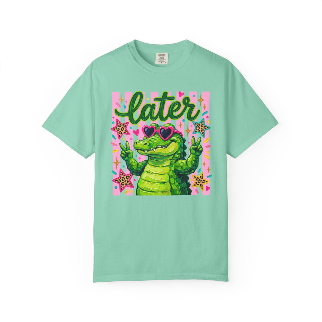 Funny Coquette Faux Brushstroke Stripped T-Shirt - Funny Alligator with Sunglasses Tee - Midnight Eye, LLC