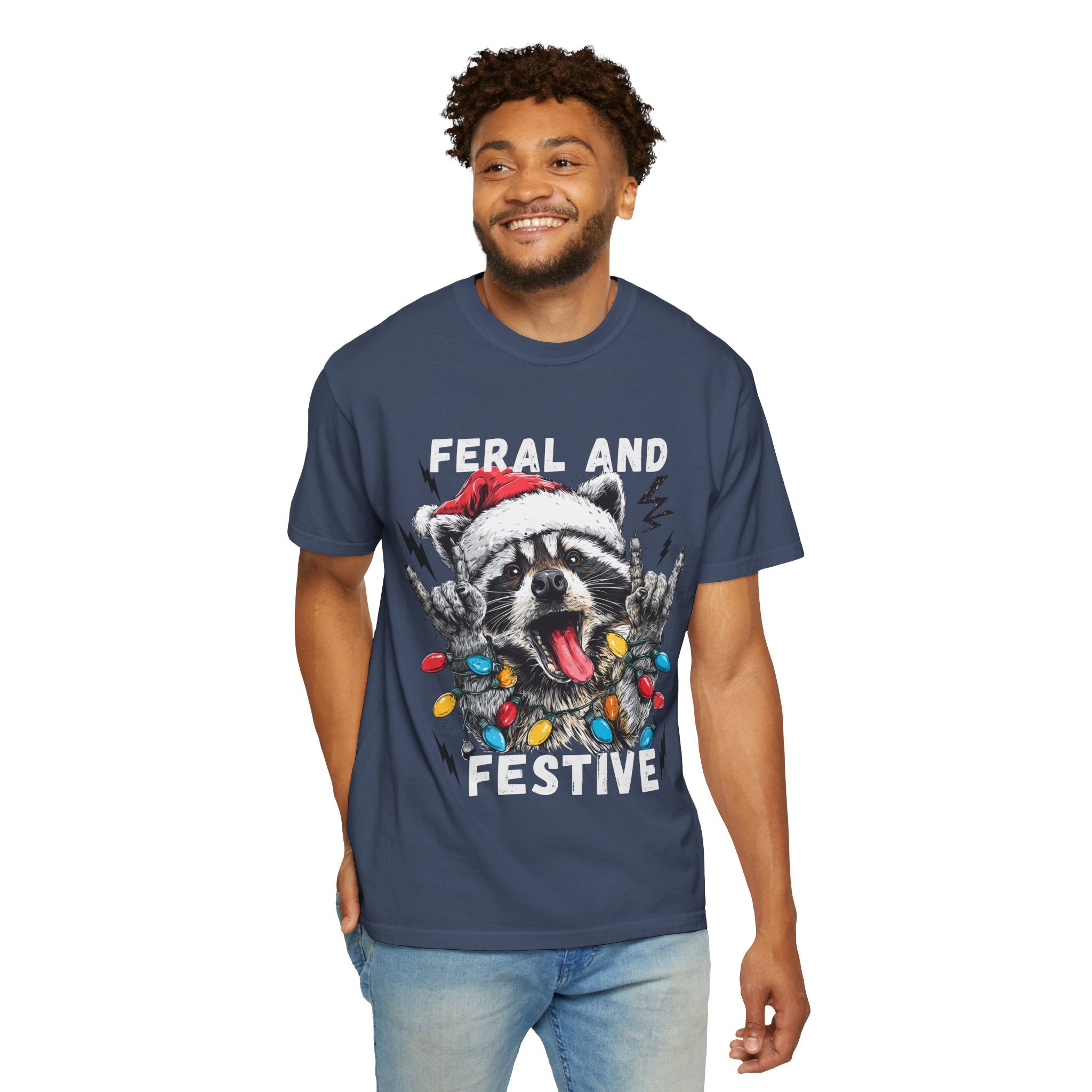 Feral and Festive Funny Raccoon Christmas T-Shirt - Racoon Graphic T-Shirt