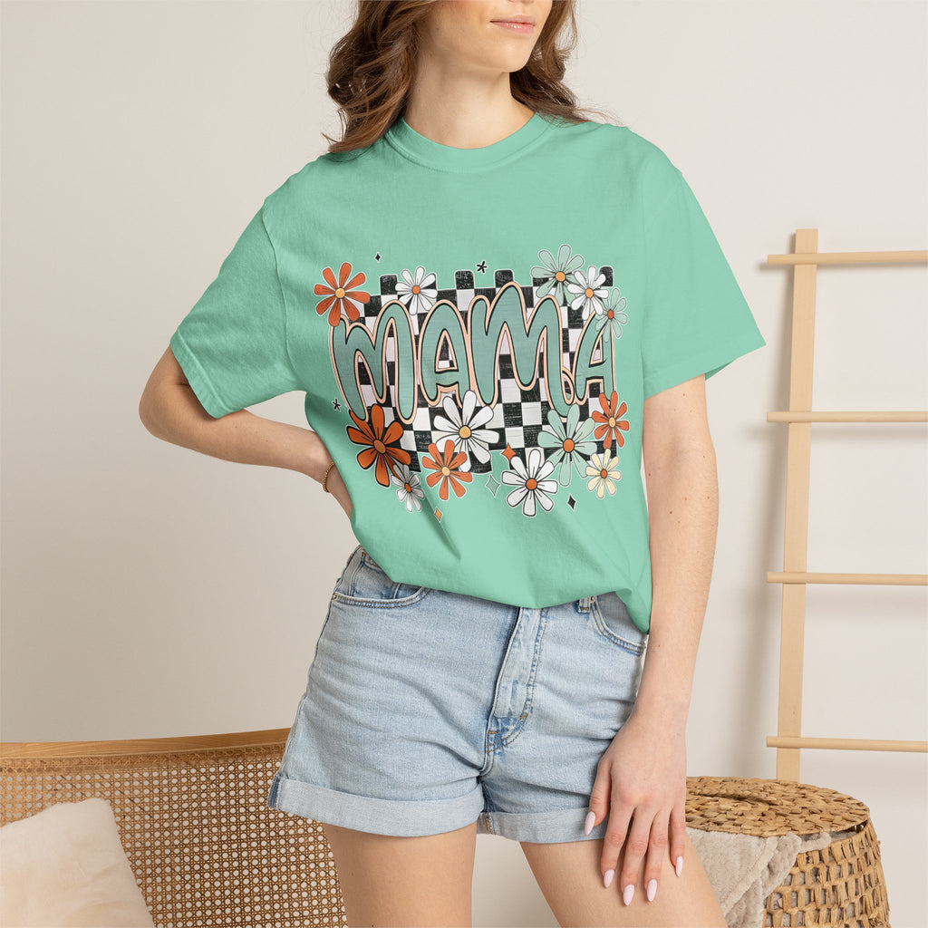 Mama Floral Graphic T-Shirt — Retro Checkerboard Mom Tee. Midnight Eye, LLC