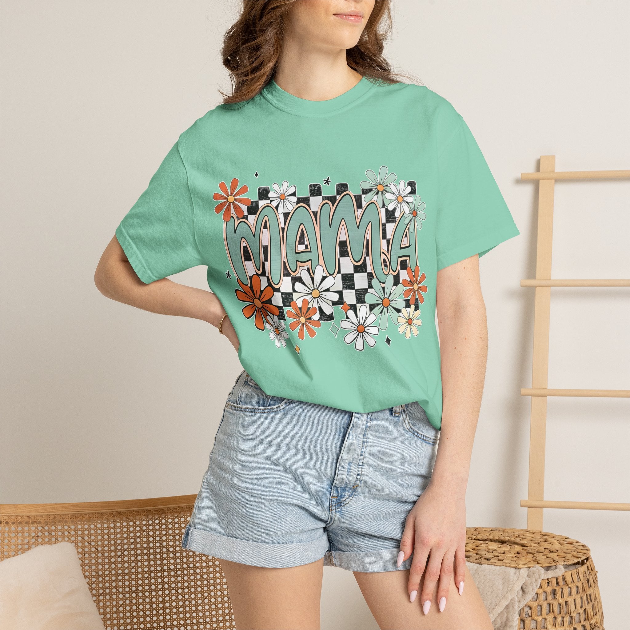 Mama Floral Graphic T-Shirt — Retro Checkerboard Mom Tee. Midnight Eye, LLC