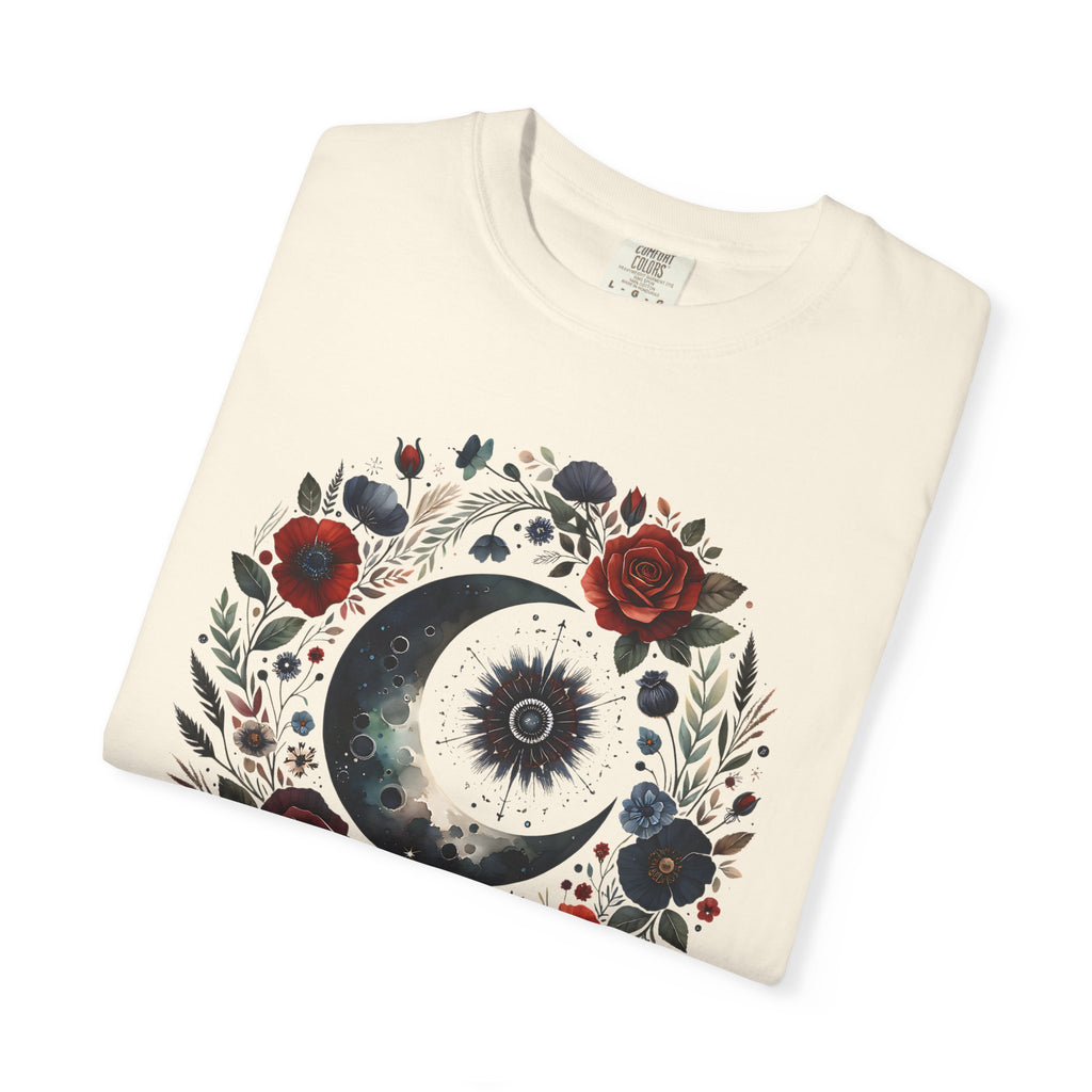Mystical Moon T-Shirt — “Stay Mystical” Floral Crescent Tee - Dark Aesthetic T-Shirt. Midnight Eye, LLC.