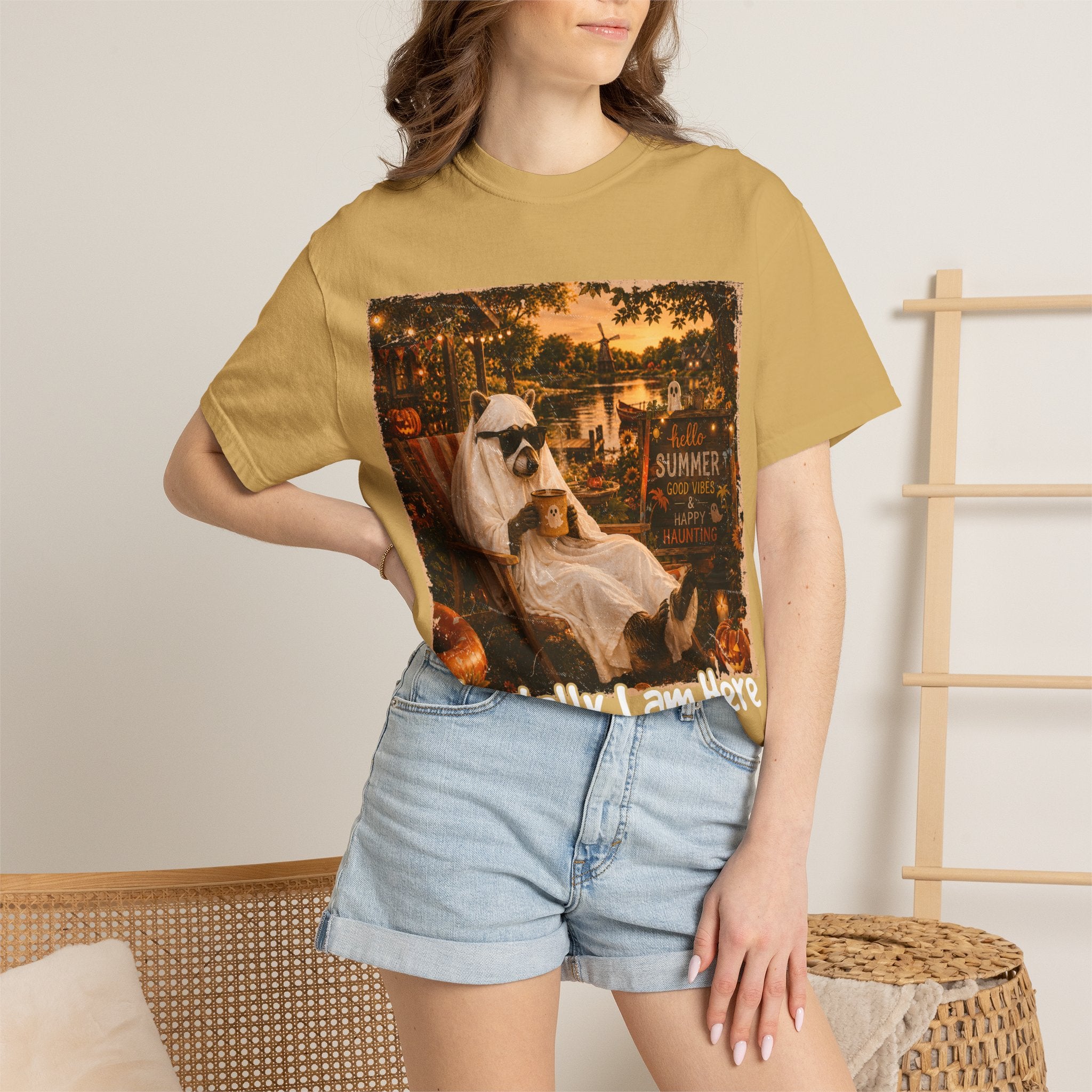 Mentally I Am Here Beach Racoon T-Shirt - Ghost Racoon Summerween Tee