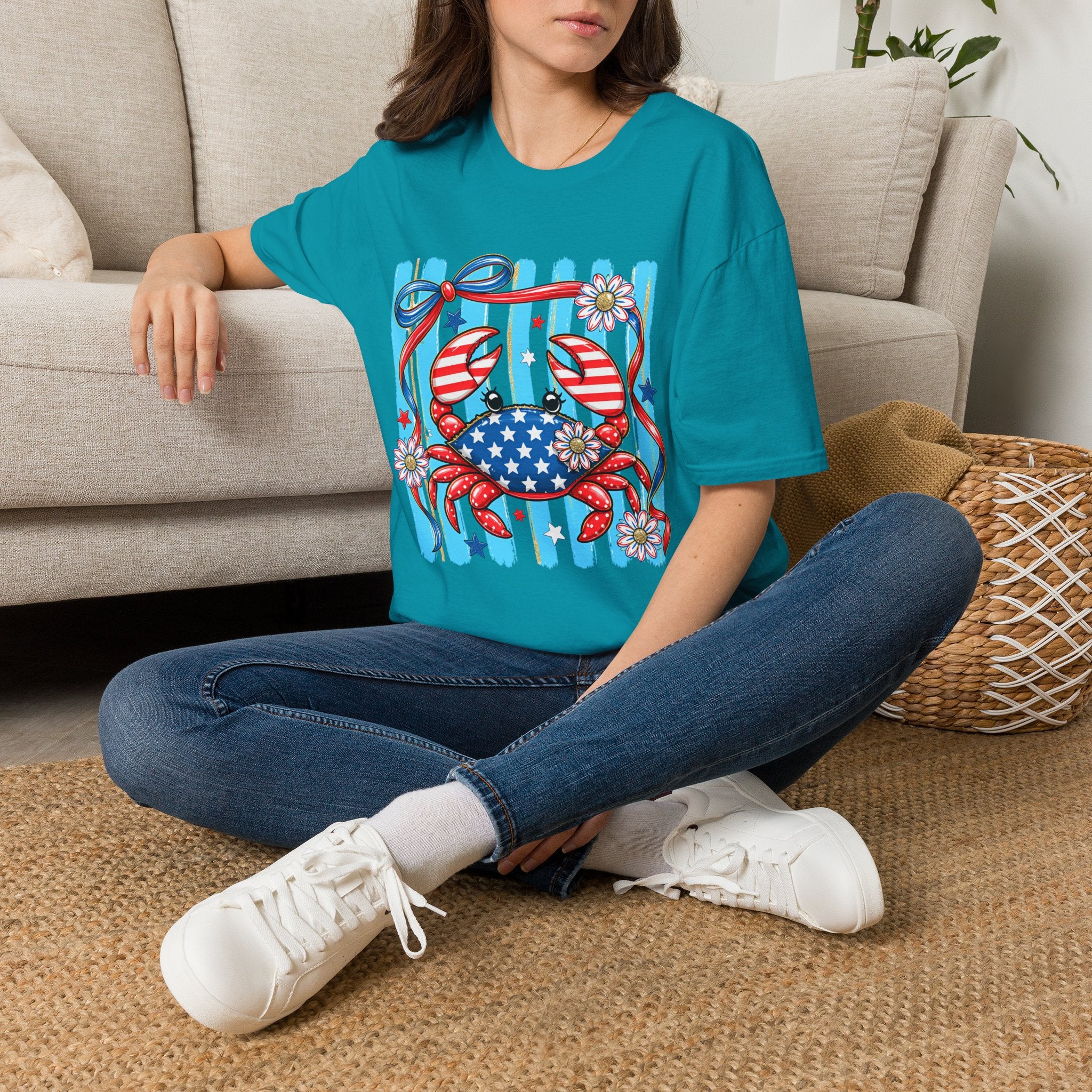 Patriotic Crab T-Shirt — American Flag Red White Blue Beach Tee Patriotic Crab T-Shirt — Preppy Cute and Funny Crab Tee. Midnight Eye, LLC.