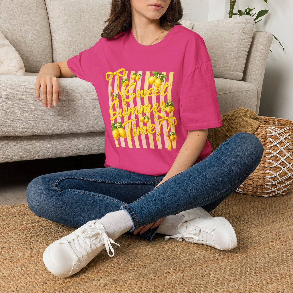 Sweet Summer Lemon Striped T-Shirt - Cute Bows Colorful Summer T-Shirt. Midnight Eye, LLC.