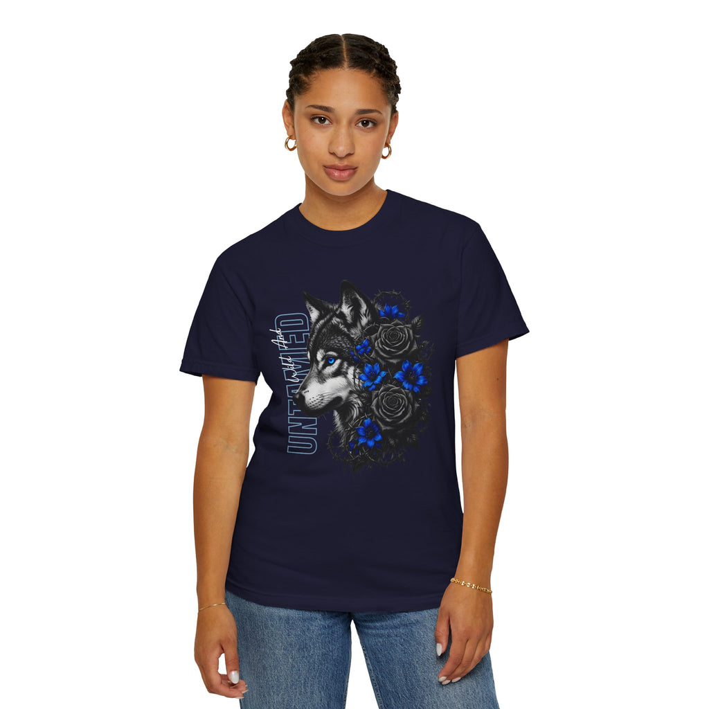 Wolf Floral T-Shirt — "Untamed" Graphic Tee with Blue & Black Roses. Midnight Eye, LLC.