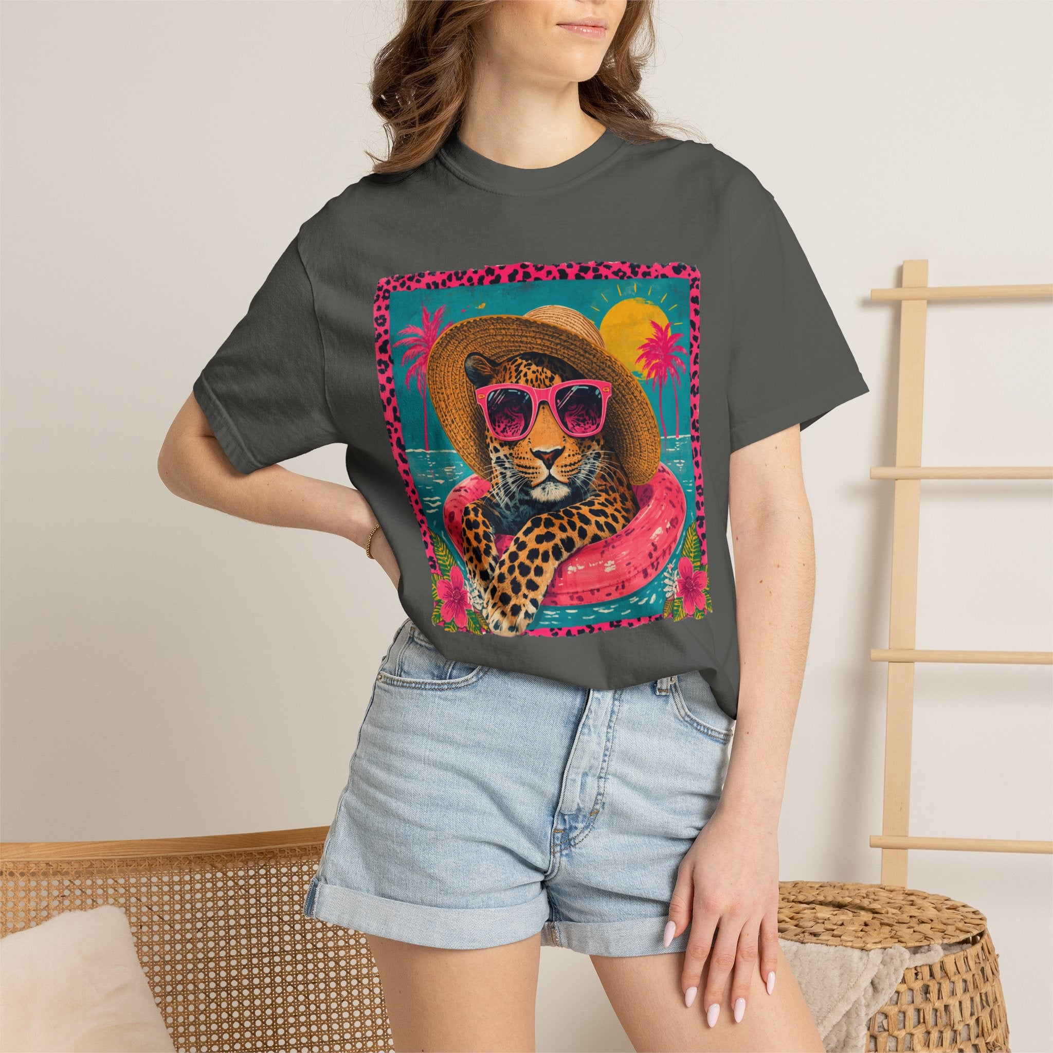 T-Shirt — Tropical Leopard in Sunglasses Summer Graphic - Sassy Vacation T-Shirt. Midnight Eye, LLC.
