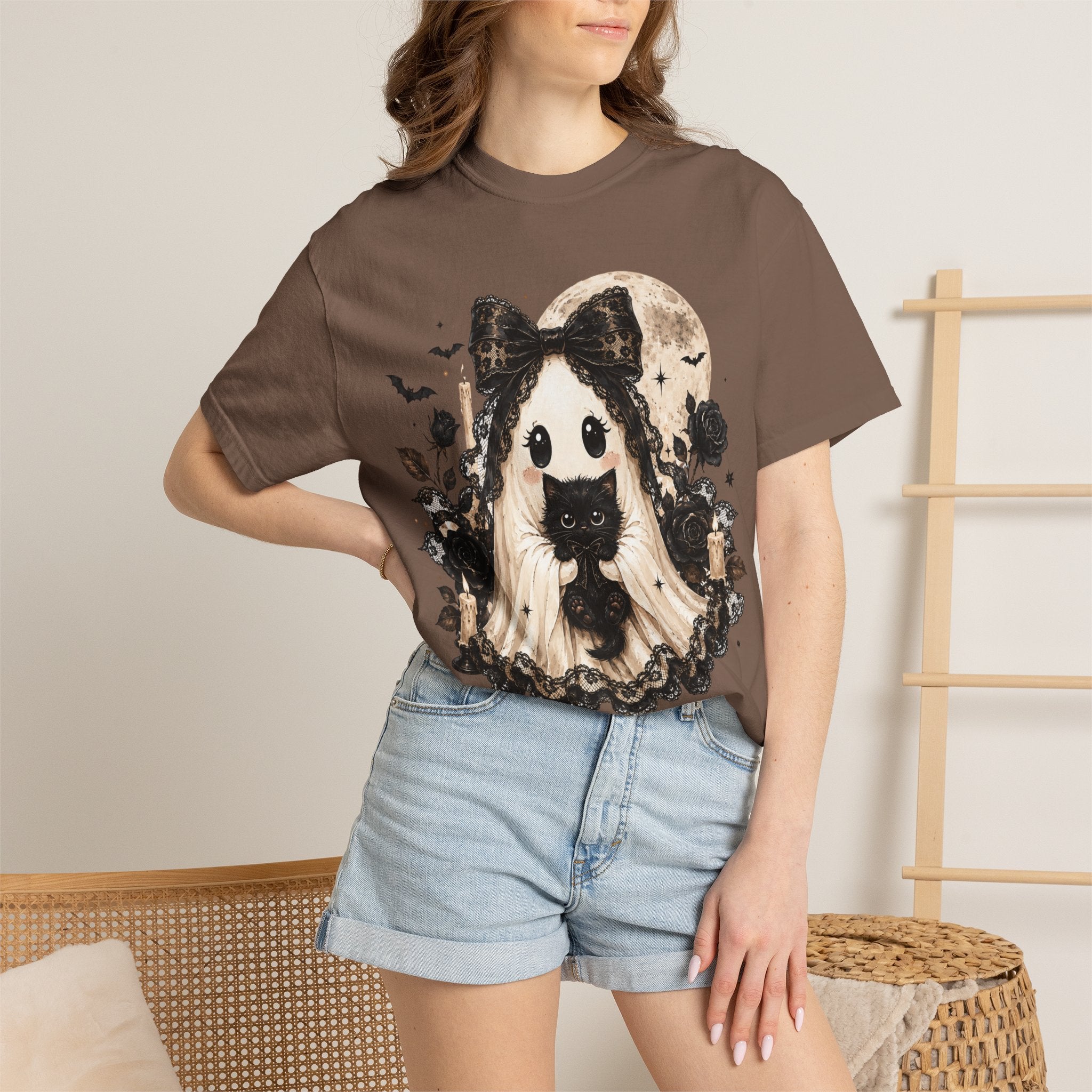 Halloween Gothic Girl Ghost with Black Cat T-Shirt - Whimsy Goth Halloween Tee