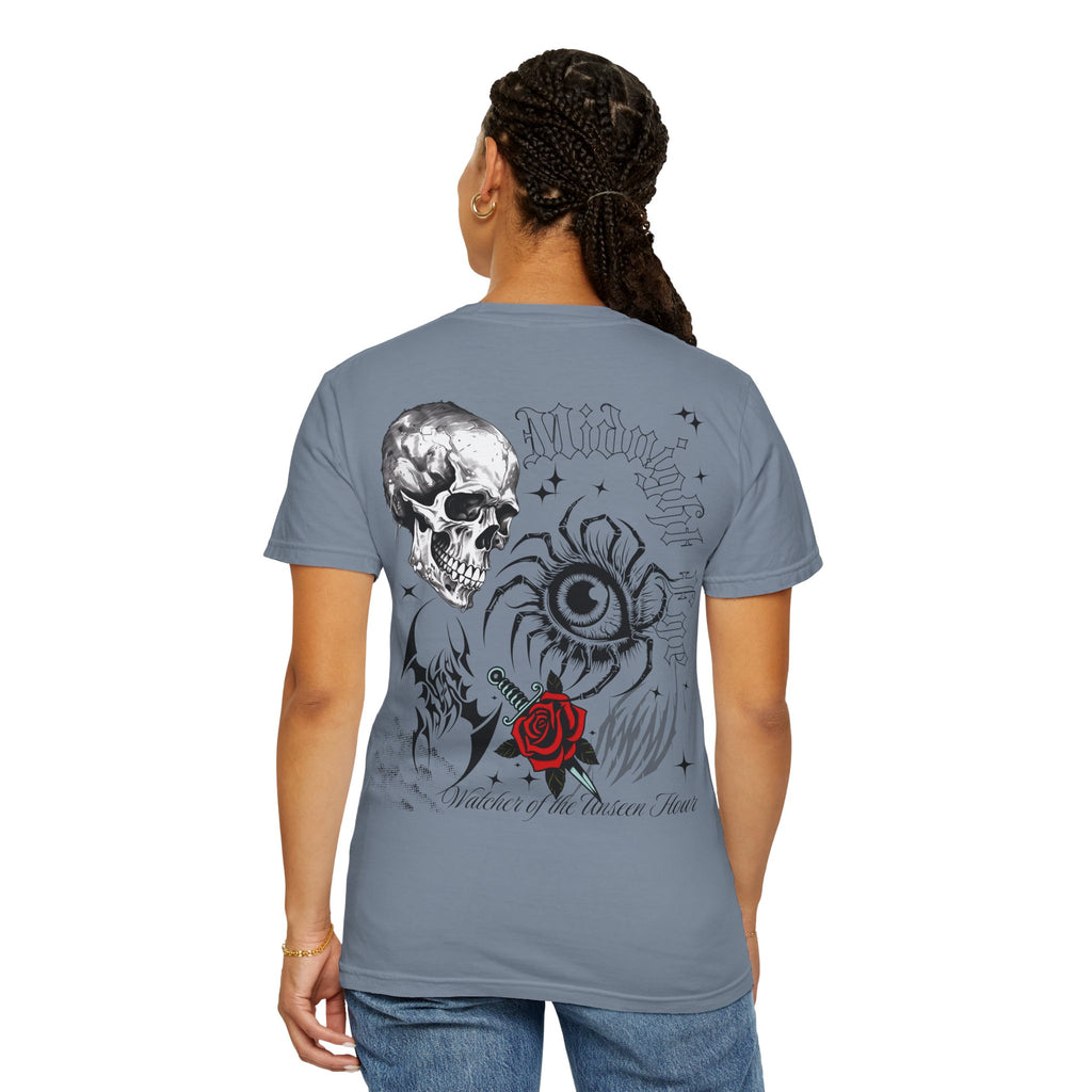 Graphic Skull & Red Rose Gothic T‑Shirt - Edgy Streetwear T-Shirt - Vintage Tee - Dark Aesthetic Tee - Midnight Eye, LLC
