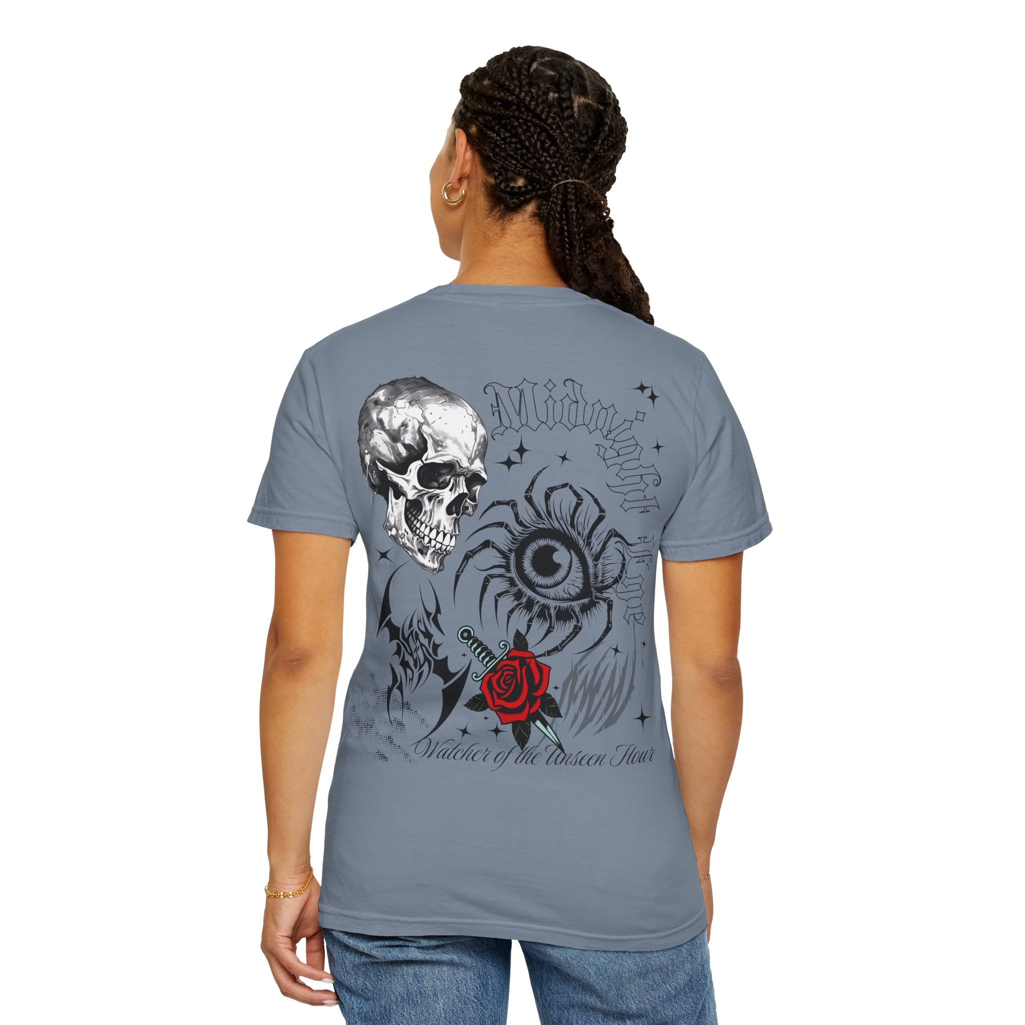 Graphic Skull & Red Rose Gothic T‑Shirt - Edgy Streetwear T-Shirt - Vintage Tee - Dark Aesthetic Tee - Midnight Eye, LLC