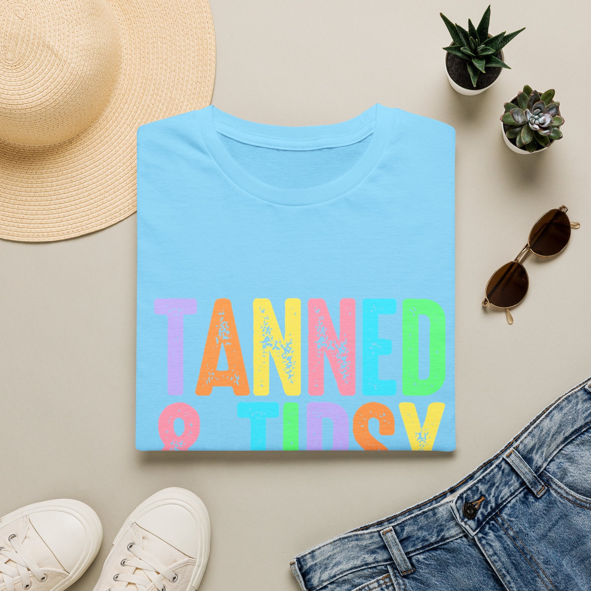 Tanned & Tipsy Beach Vacation T-Shirt - Colorful Vacation T-Shirt - Funny Summer Tee. Midnight Eye, LLC.