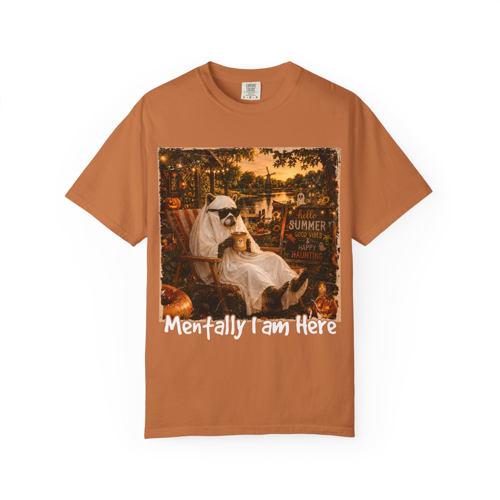Mentally I Am Here Beach Racoon T-Shirt - Ghost Racoon Summerween Tee