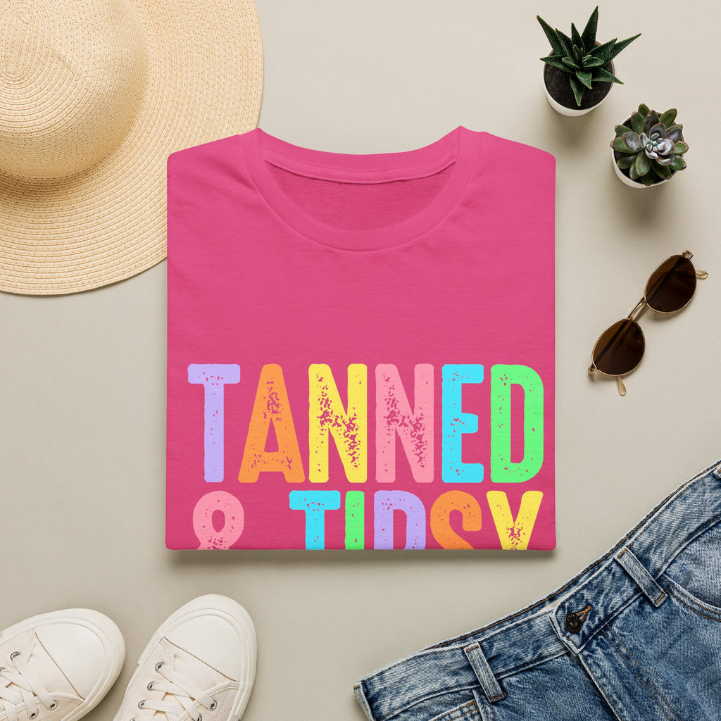 Tanned & Tipsy Beach Vacation T-Shirt - Colorful Vacation T-Shirt - Funny Summer Tee. Midnight Eye, LLC.