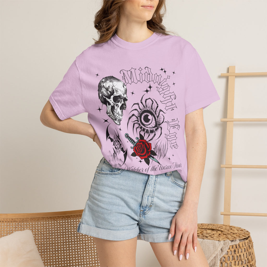 Skull, Red Rose & Eye Tattoo Art T-Shirt — Gothic Streetwear Tee. Midnight Eye, LLC