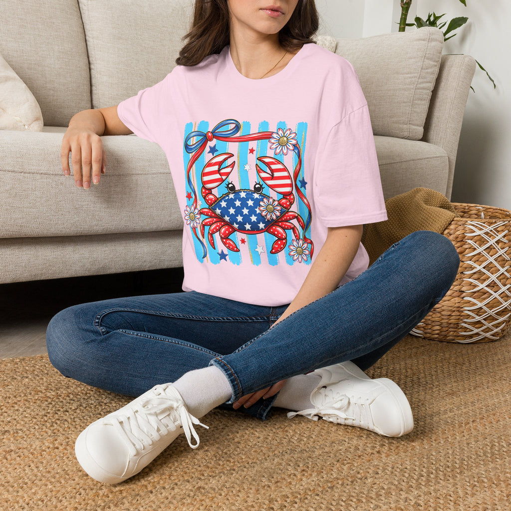 Patriotic Crab T-Shirt — American Flag Red White Blue Beach Tee Patriotic Crab T-Shirt — Preppy Cute and Funny Crab Tee. Midnight Eye, LLC.