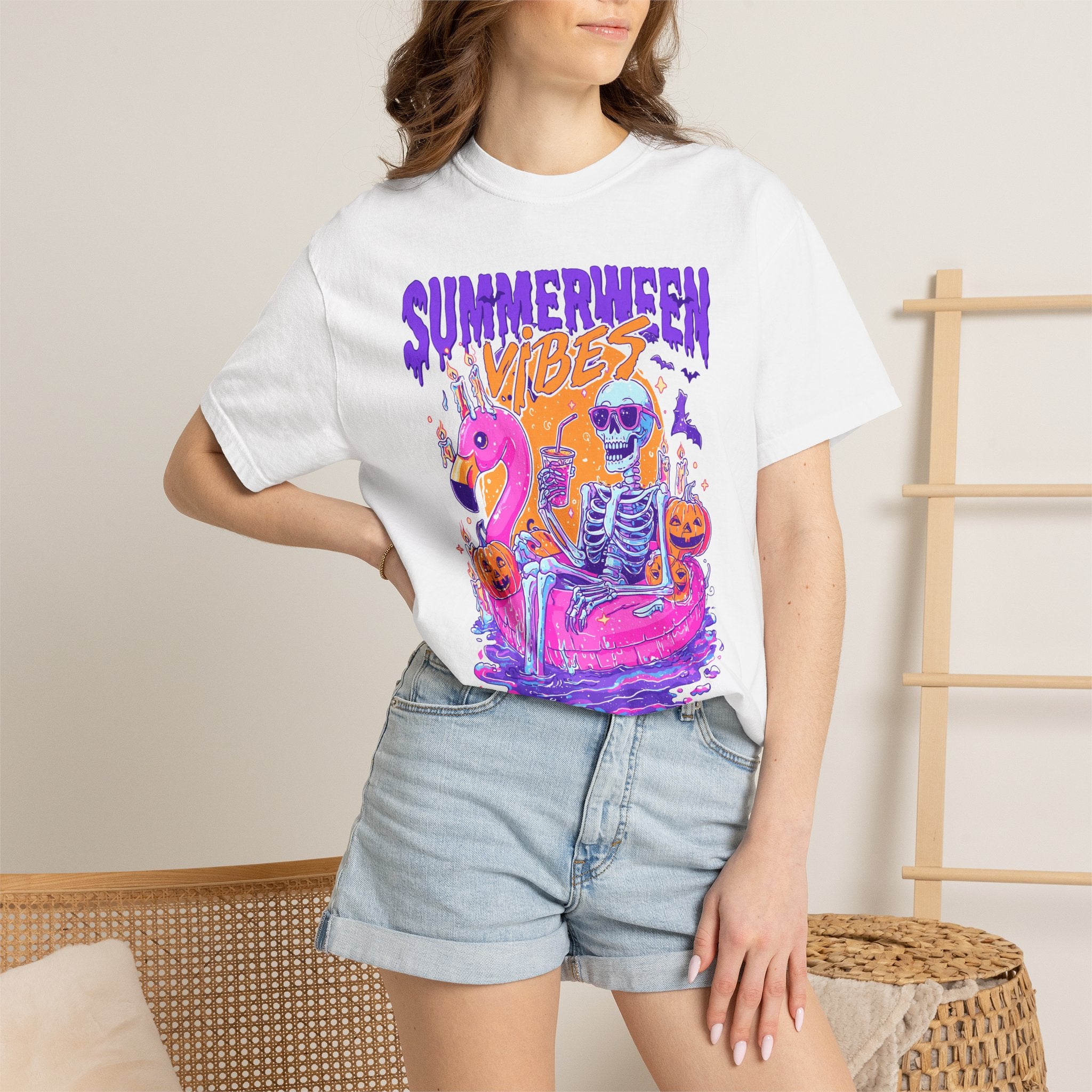 Summerween Vibes T-Shirt — Flamingo Pool Skeleton Halloween in Summer Tee - Midnight Eye, LLC