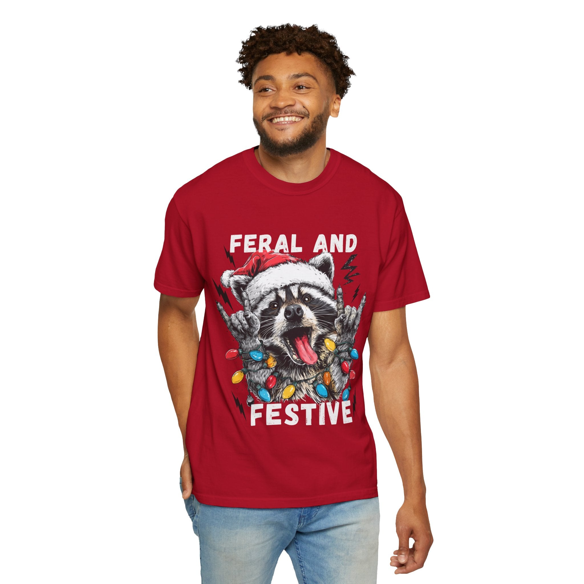Feral and Festive Funny Raccoon Christmas T-Shirt - Racoon Graphic T-Shirt