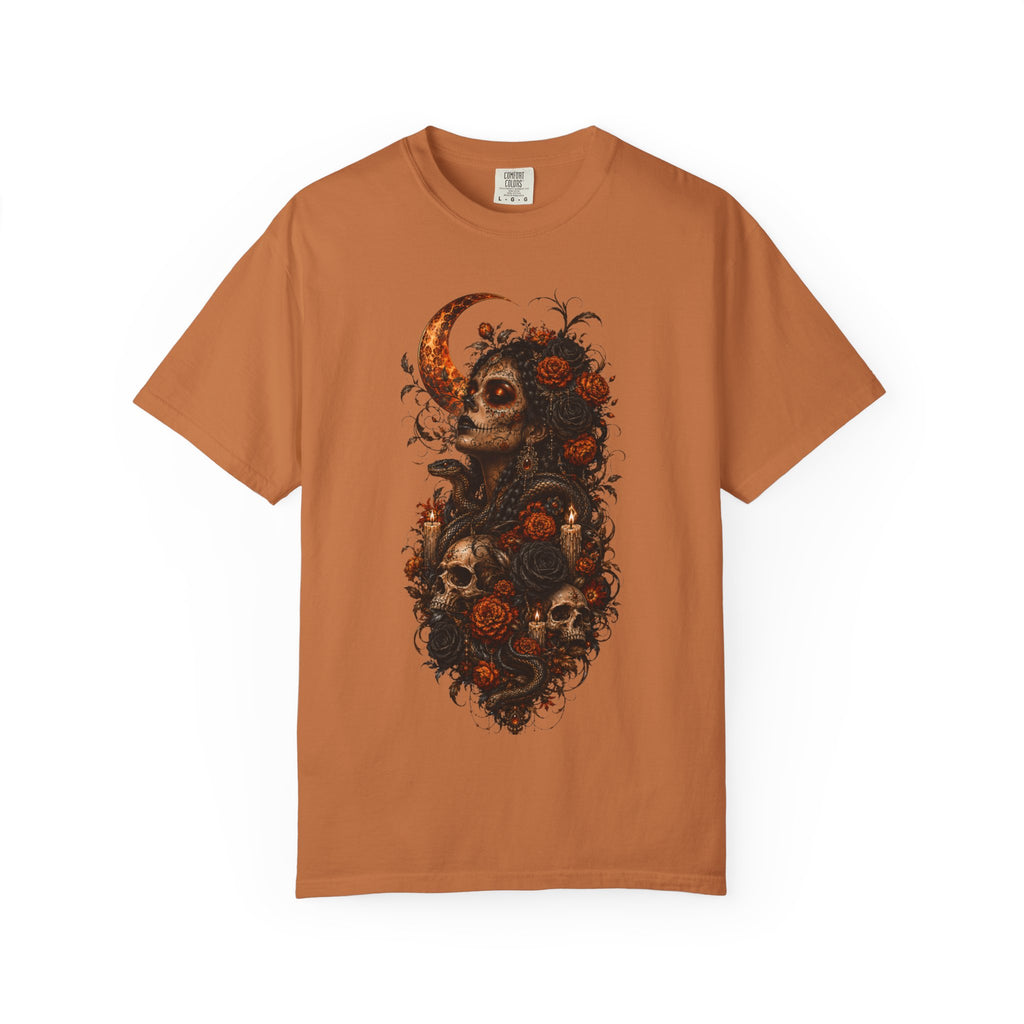 Skull & Rose Moon Tee — Gothic Floral Graphic T-Shirt - Day of the Dead Tee. Midnight Eye, LLC