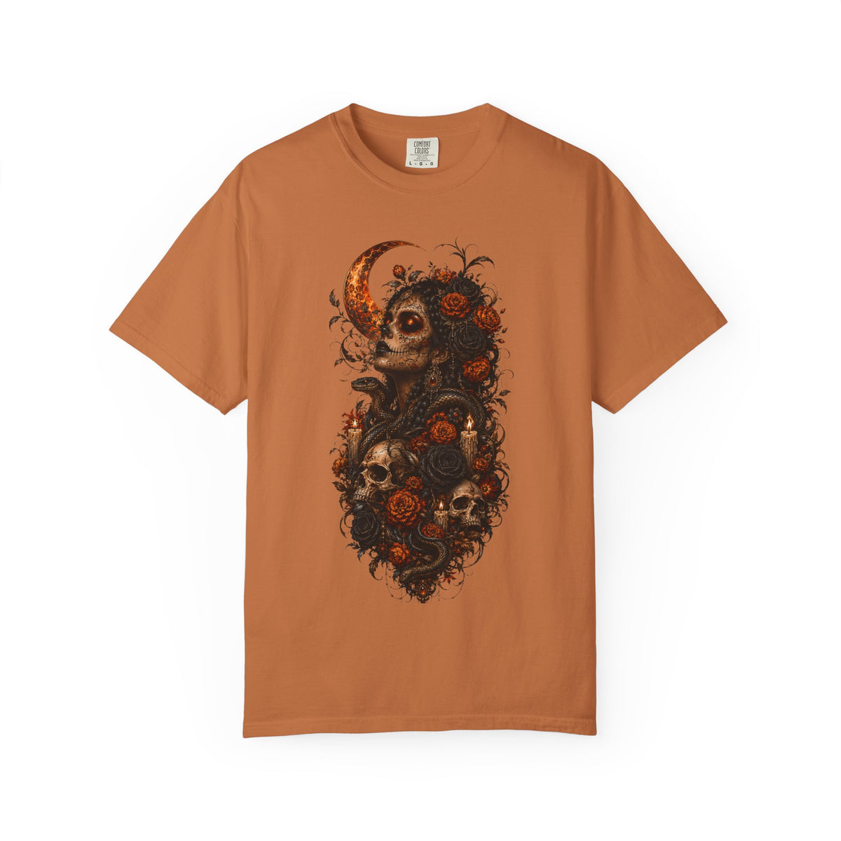 Skull & Rose Moon Tee — Gothic Floral Graphic T-Shirt - Day of the Dead Tee. Midnight Eye, LLC
