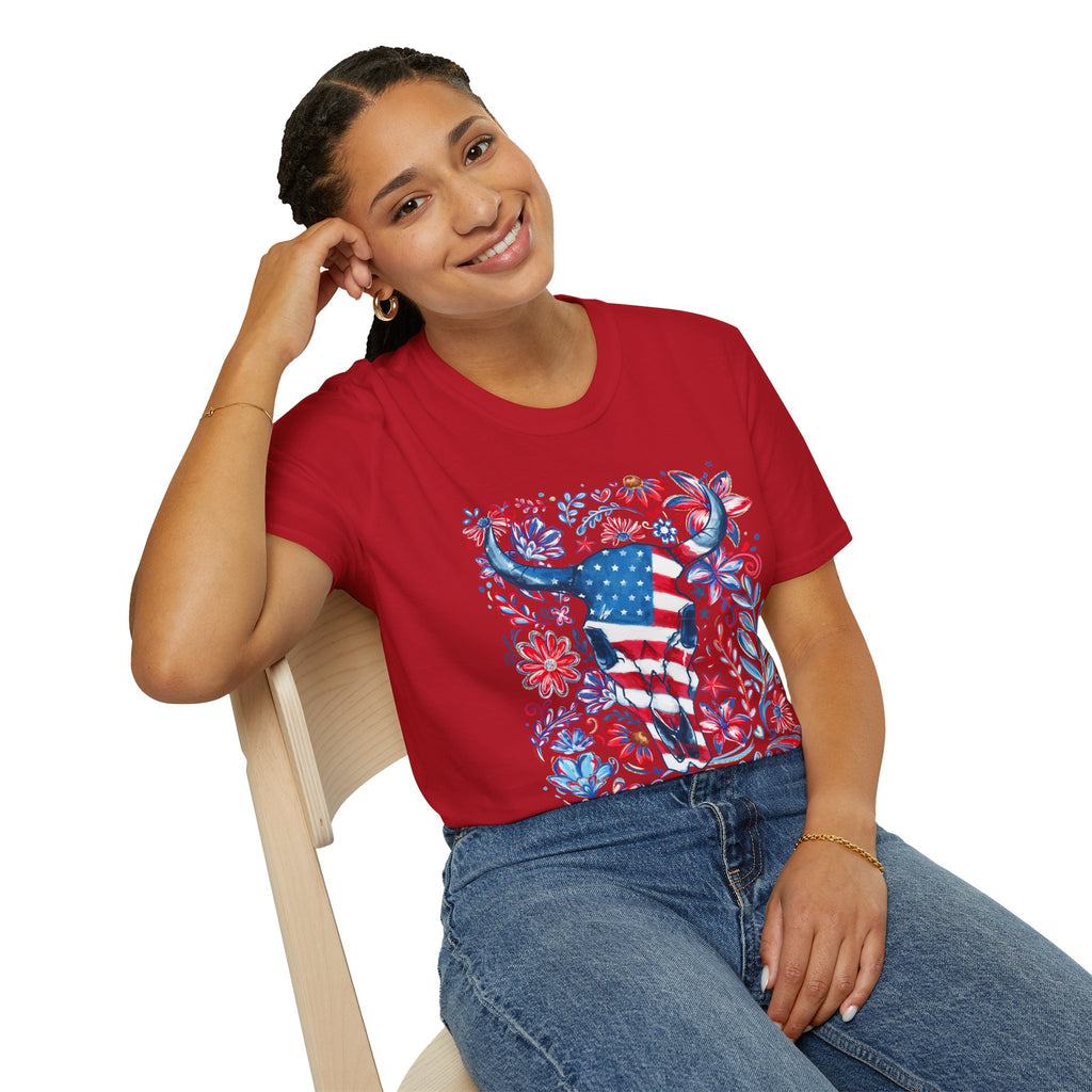 American Flag Longhorn T-Shirt — Patriotic Western Bull Tee for 4th of July - Midnight Eye, LLC