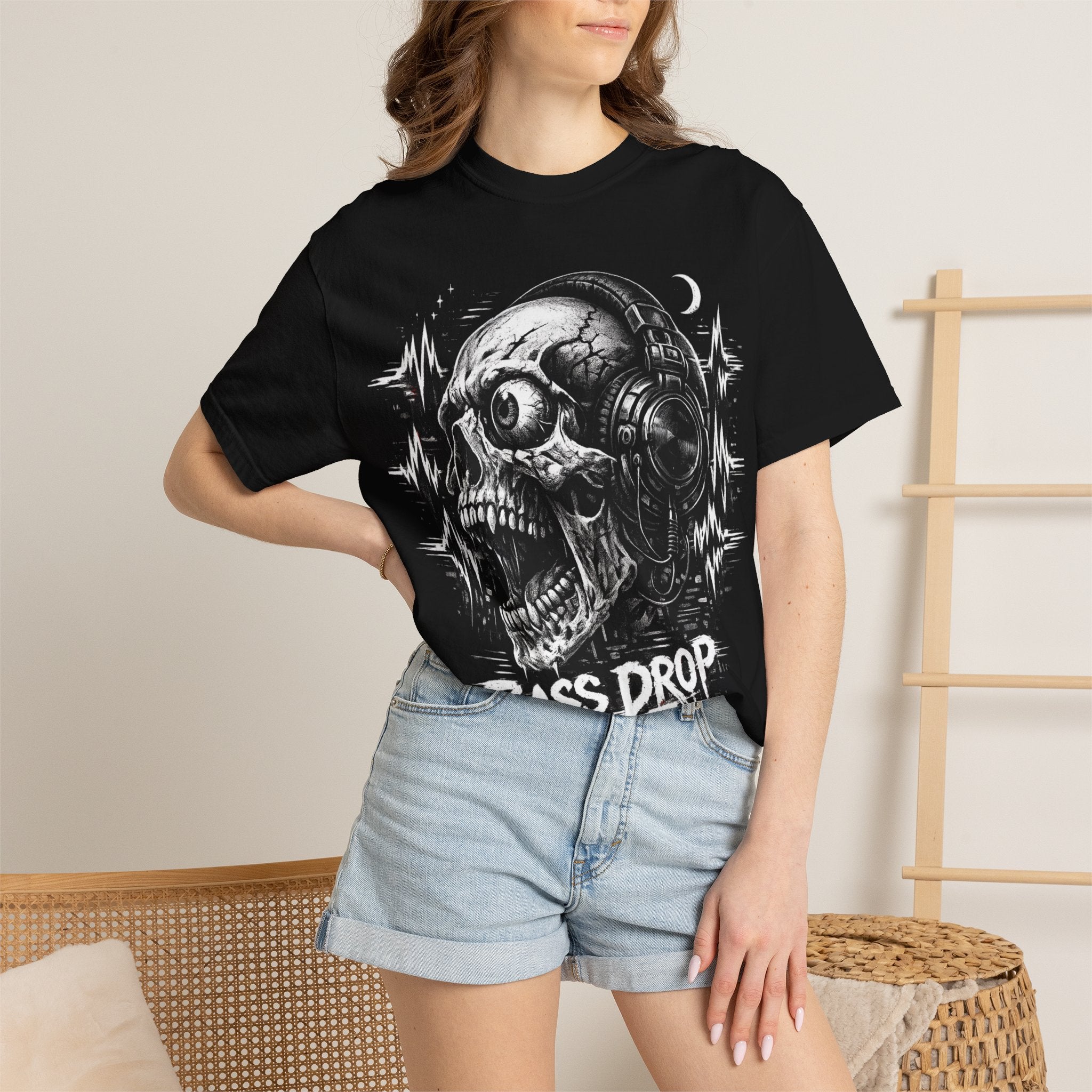 Bass Drop Skull T-Shirt — DJ Headphones Graphic Tee - Streetwear T-Shirt. Midnight Eye, LLC