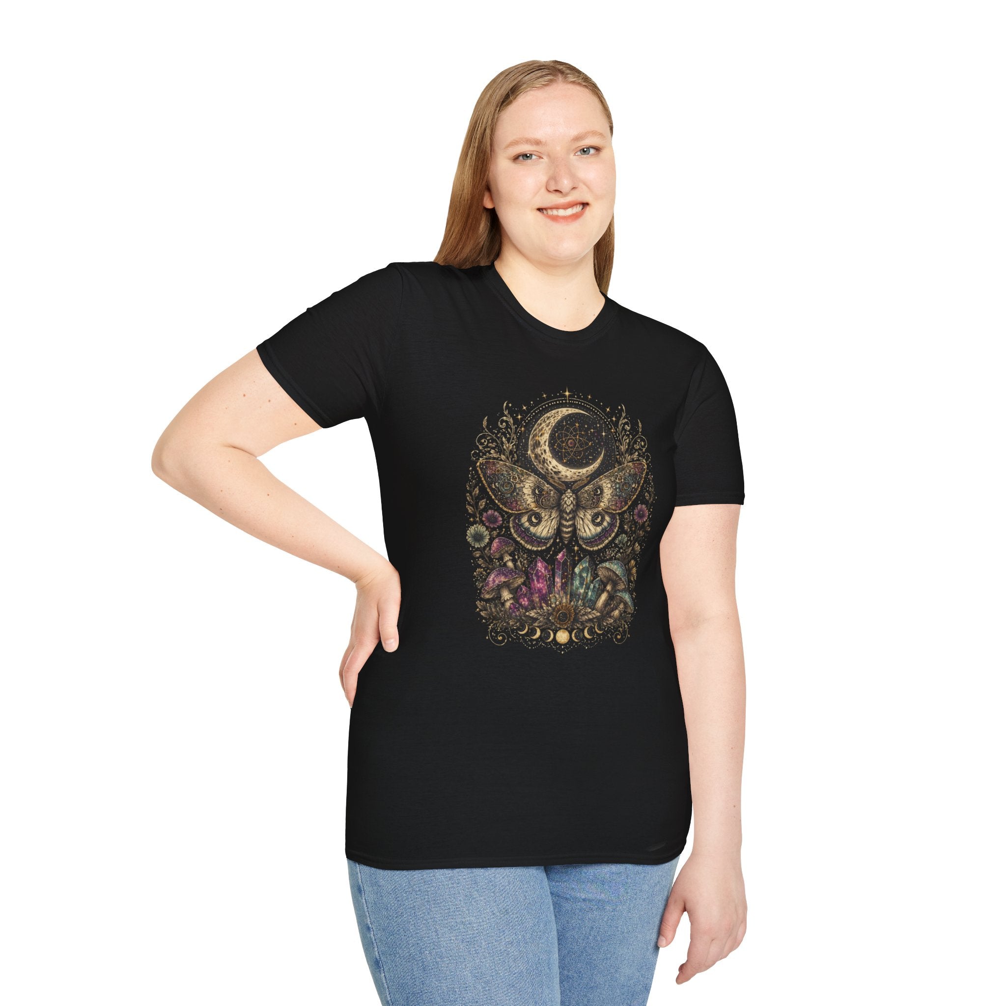 Mystic Moon Moth T-Shirt — Celestial Moth & Crescent Moon Graphic Tee - Midnight Eye, LLC