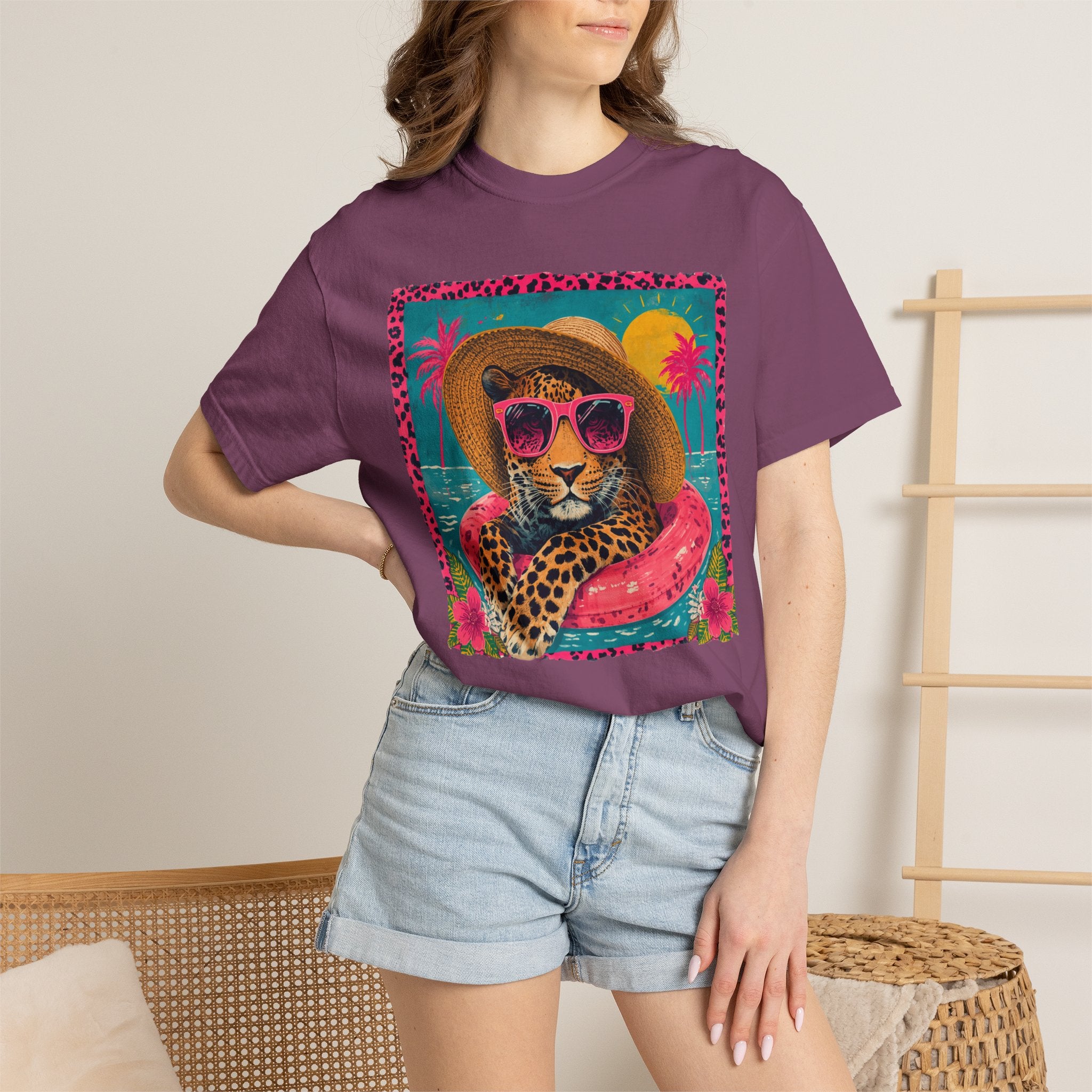 T-Shirt — Tropical Leopard in Sunglasses Summer Graphic - Sassy Vacation T-Shirt. Midnight Eye, LLC.