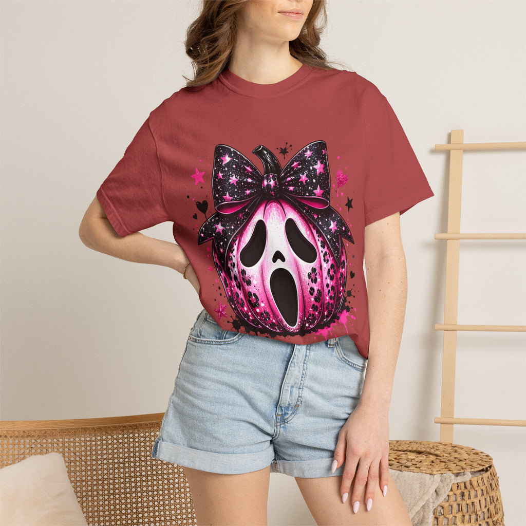 Ghost Face Pumpkin T‑Shirt — Cute Pink Halloween Tee. Midnight Eye, LLC