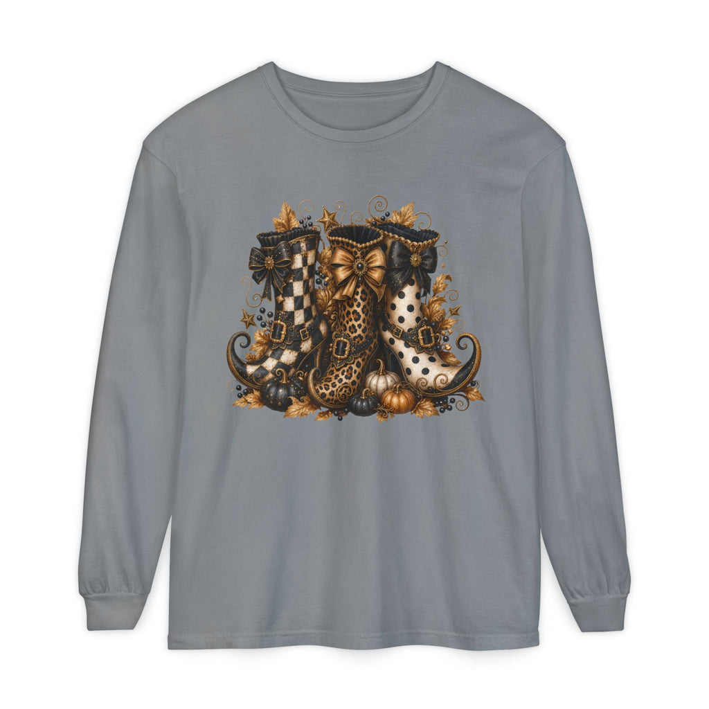 Halloween Witch Boots Long Sleeve T-Shirt — Vintage Spooky Pumpkin & Bows. Midnight Eye, LLC