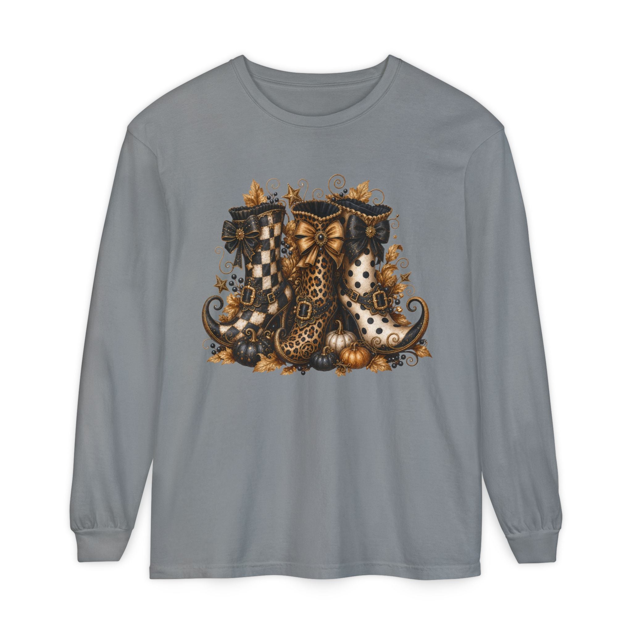 Halloween Witch Boots Long Sleeve T-Shirt — Vintage Spooky Pumpkin & Bows. Midnight Eye, LLC