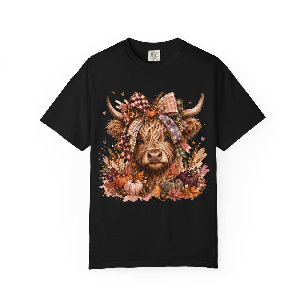 Autumn Highland Cow T-Shirt — Cute Fall Cow and Pumpkins Graphic Tee. Midnight Eye, LLC