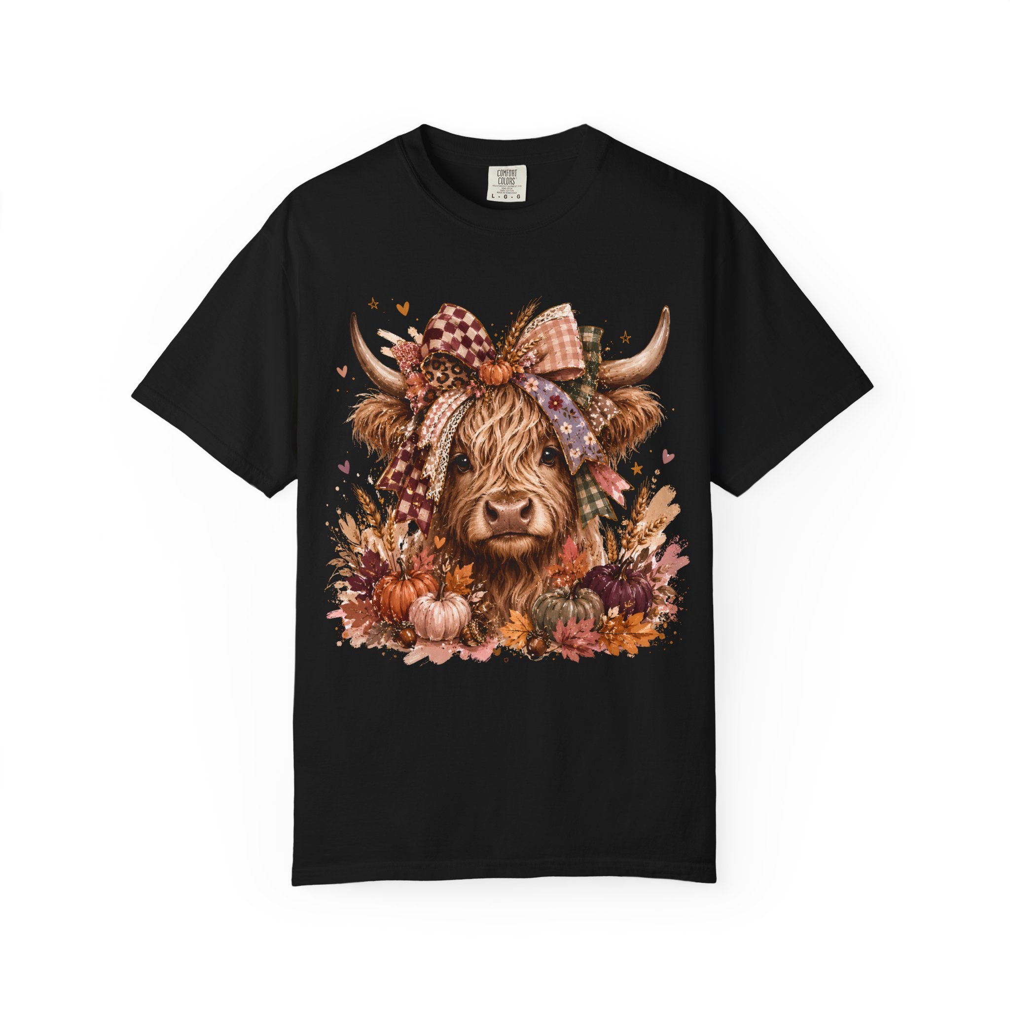 Autumn Highland Cow T-Shirt — Cute Fall Cow and Pumpkins Graphic Tee. Midnight Eye, LLC