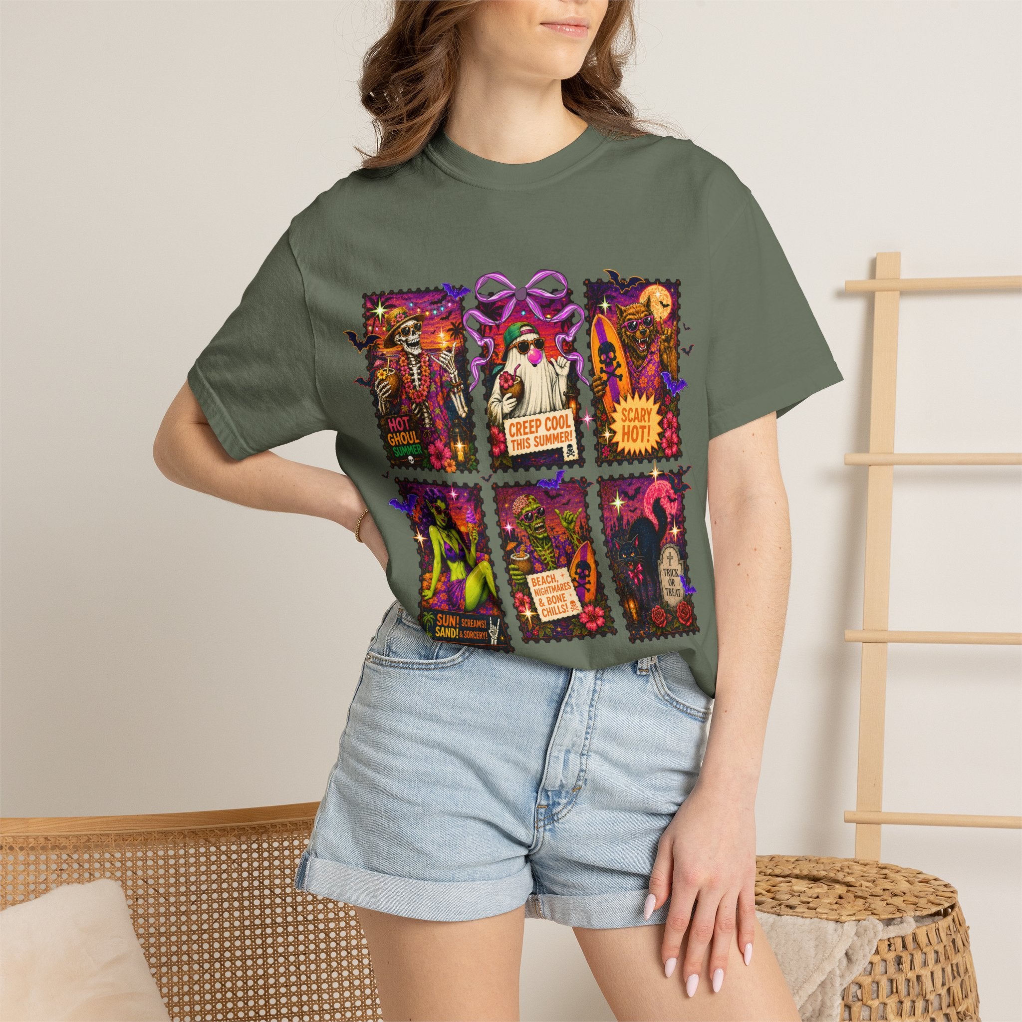 Halloween Witch Postage Stamp T-Shirt — Vintage Spooky Pin-Up Graphic Tee. Midnight Eye, LLC. 