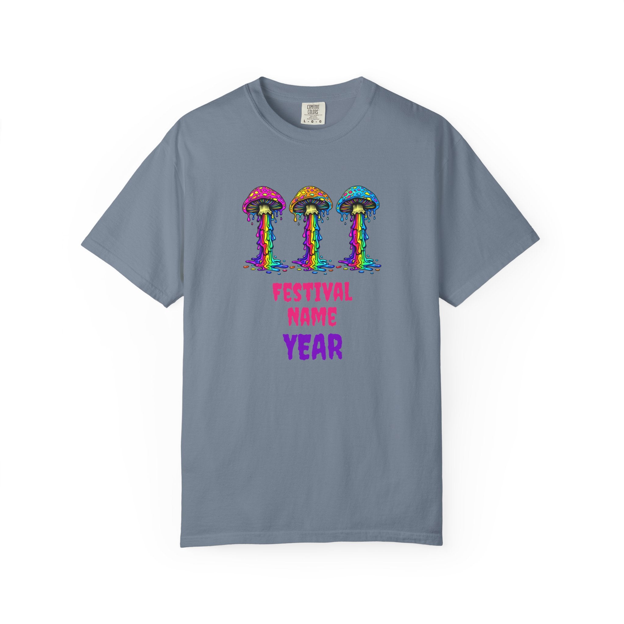 Personalized Rave Mushroom T-Shirt – Festival Tee. Enter Text and Year of Your Festival - Midnight Eye, LLC