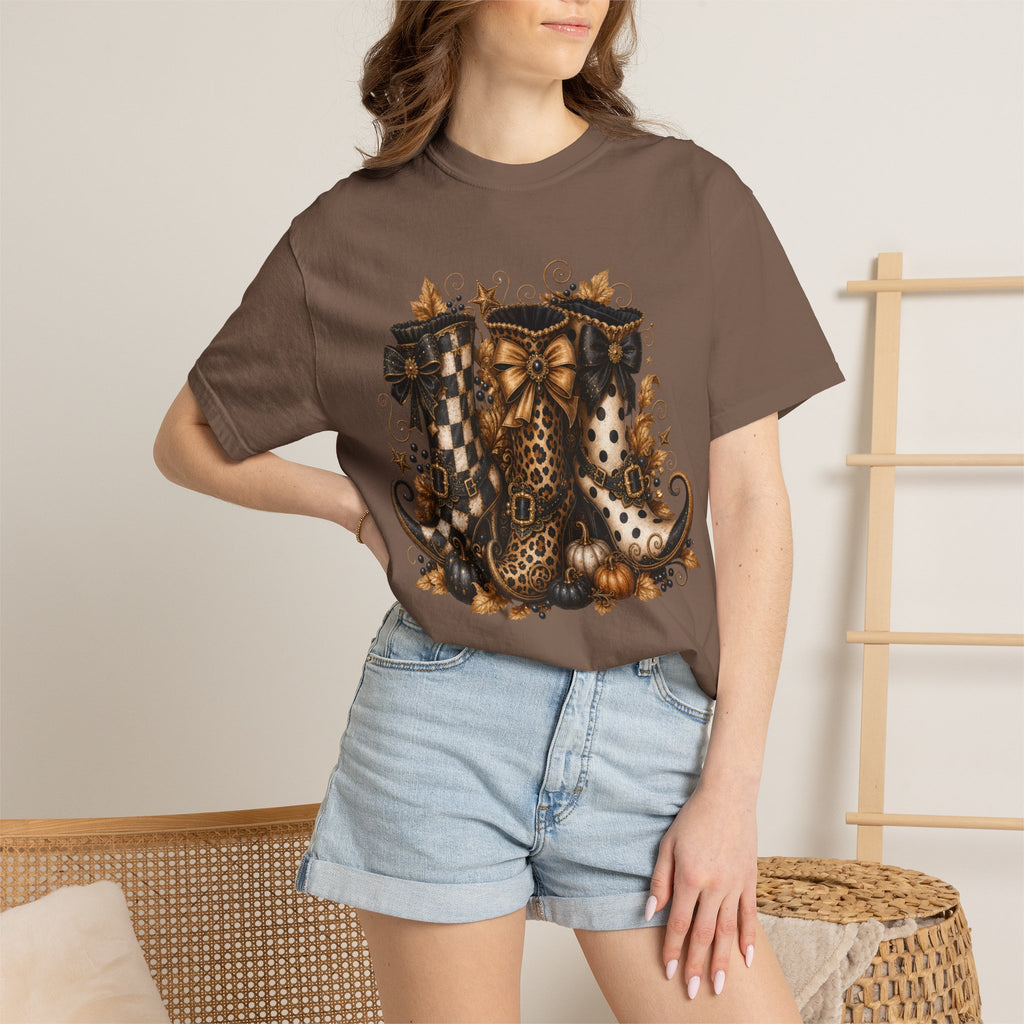 Halloween Cat Bow T-Shirt — Autumn Pumpkin & Checkered Witch Boots Graphic Tee
