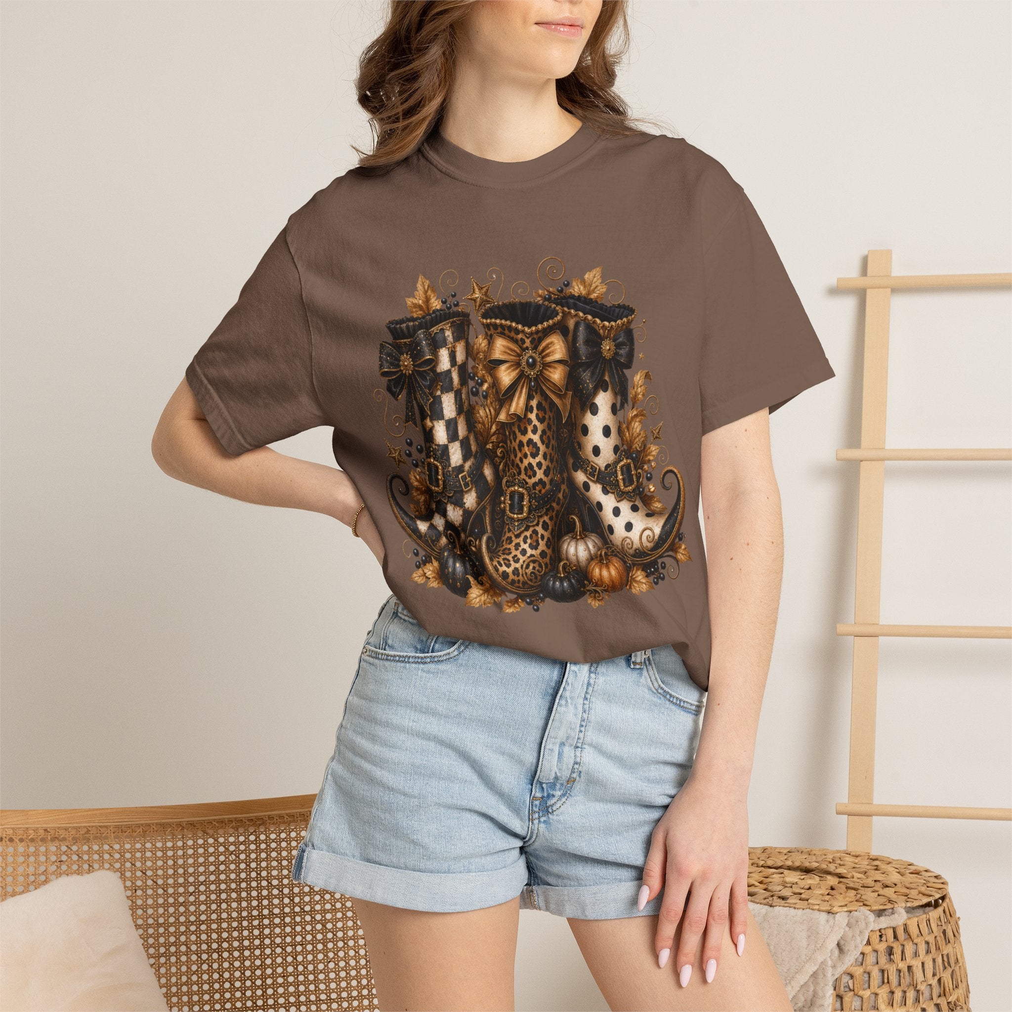 Halloween Cat Bow T-Shirt — Autumn Pumpkin & Checkered Witch Boots Graphic Tee