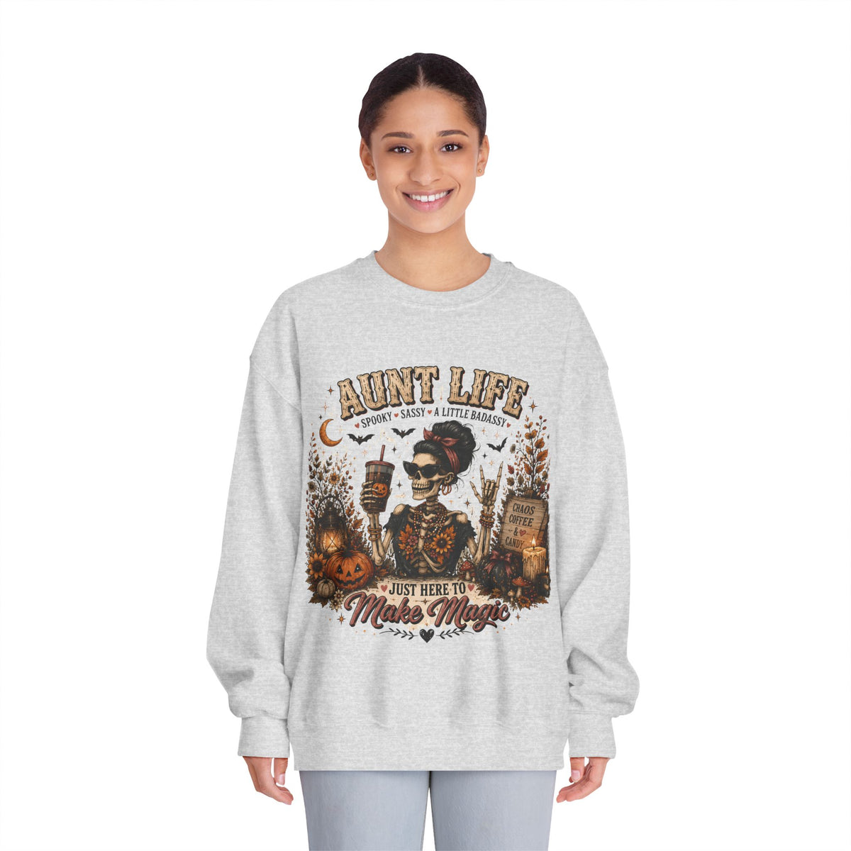 Aunt Life Halloween Sweatshirt — Just Here to Make Magic Crewneck. Midnight Eye, LLC