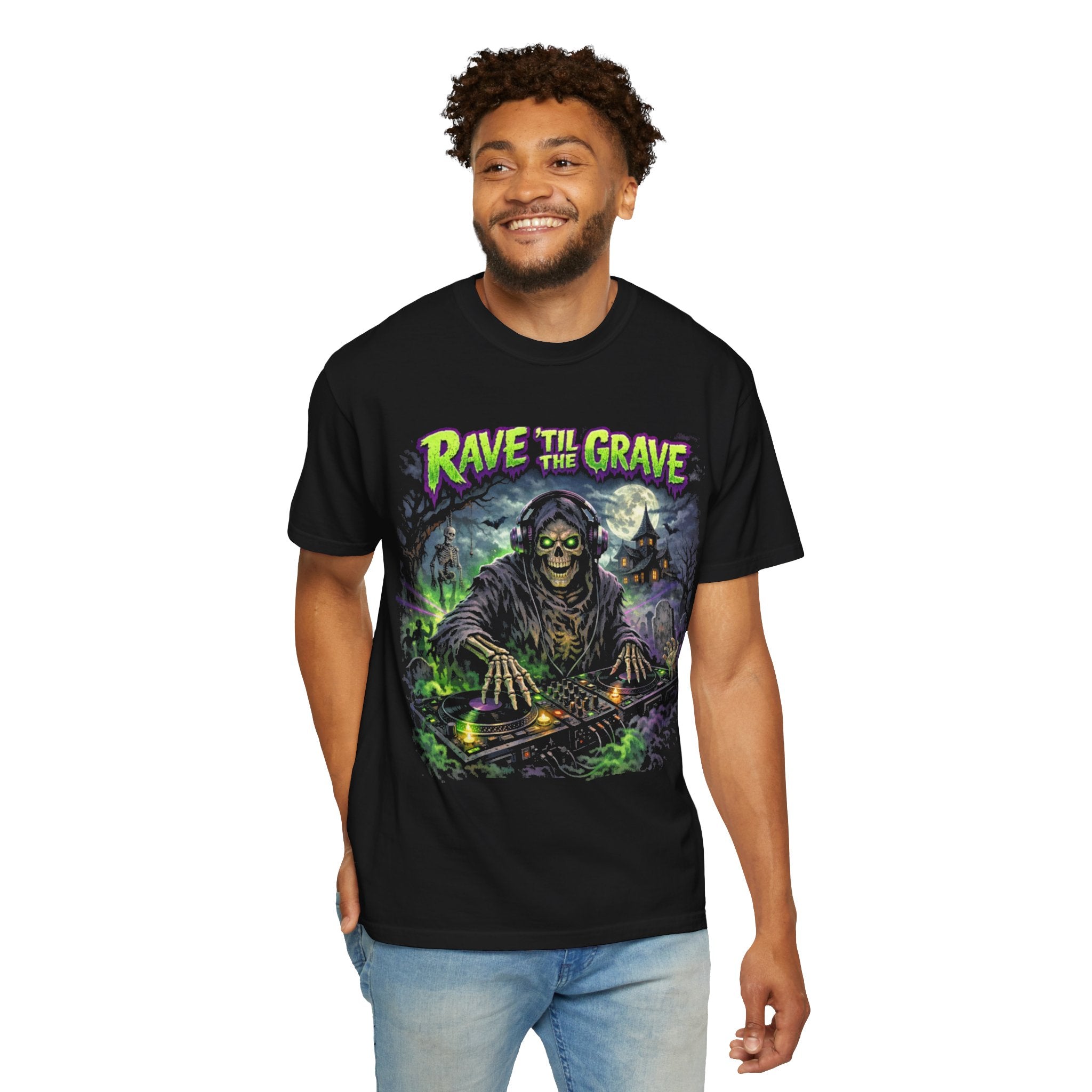 Rave Zombie Graphic T-Shirt — Gothic DJ Skeleton Halloween Tee. Midnight Eye, LLC