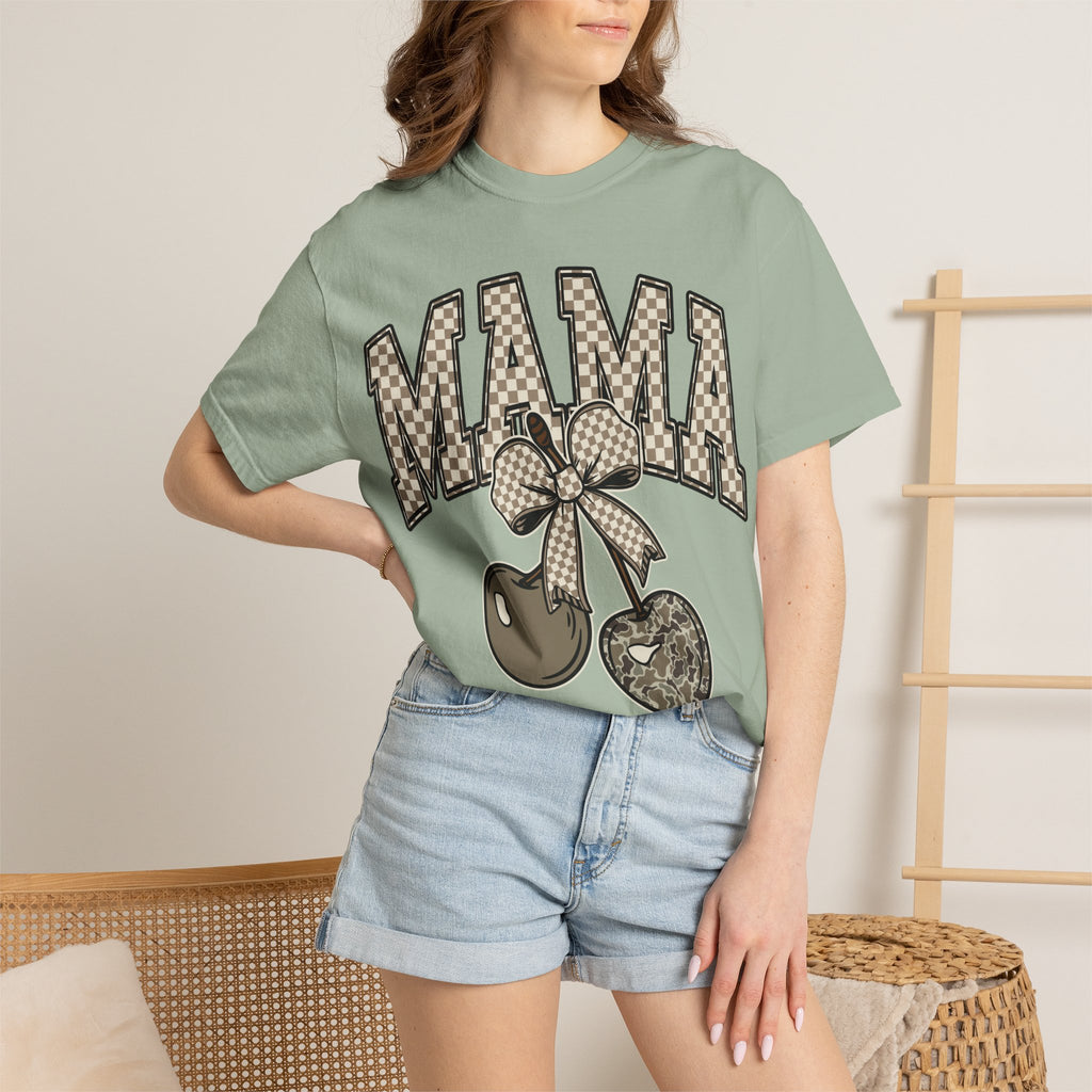 Mama Cherry Graphic T-Shirt — Retro Checkerboard Cherry Design. Midnight Eye, LLC