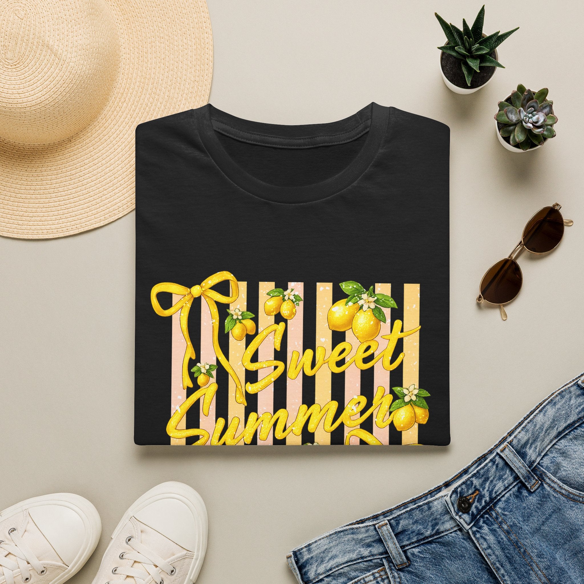 Sweet Summer Lemon Striped T-Shirt - Cute Bows Colorful Summer T-Shirt. Midnight Eye, LLC.
