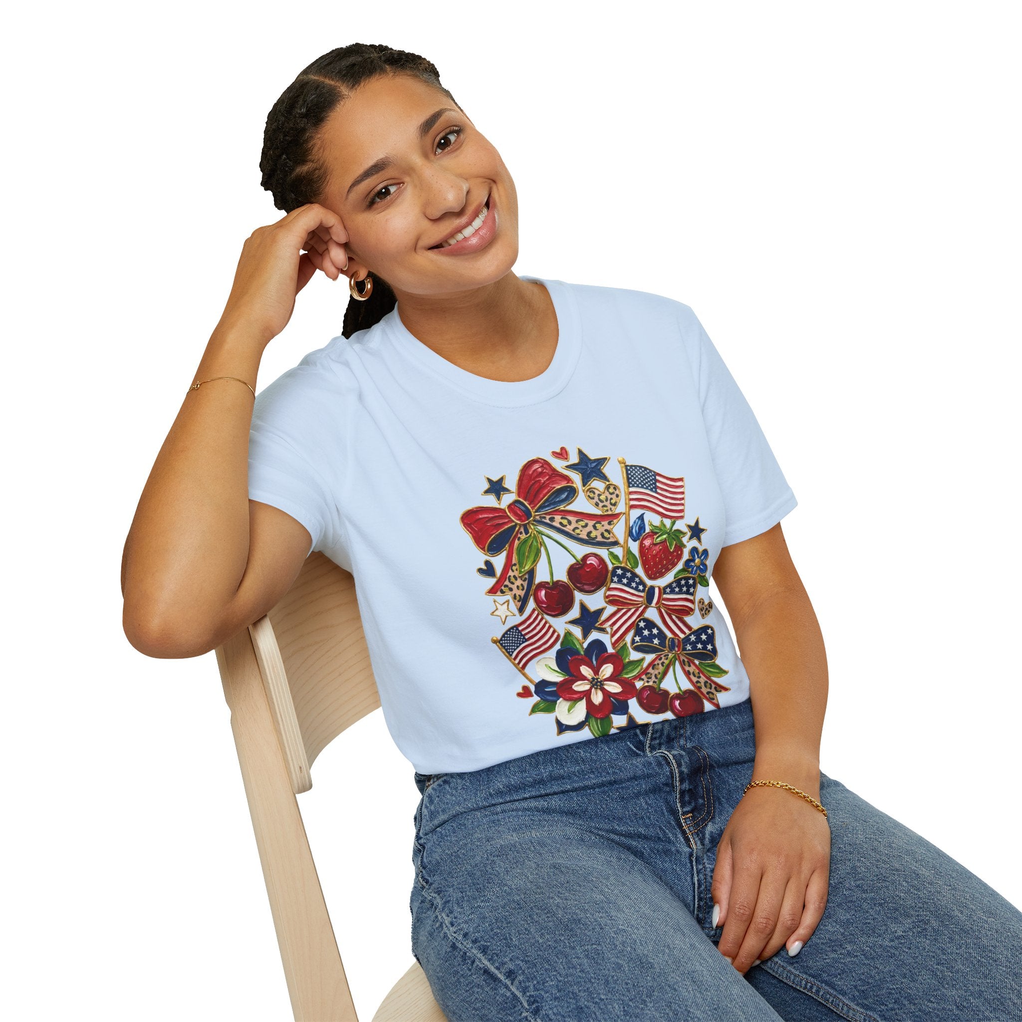 Patriotic Floral Americana T-Shirt - Faux Acrylic Paint Design - 4th of July T-Shirt - Midnight Eye, LLC