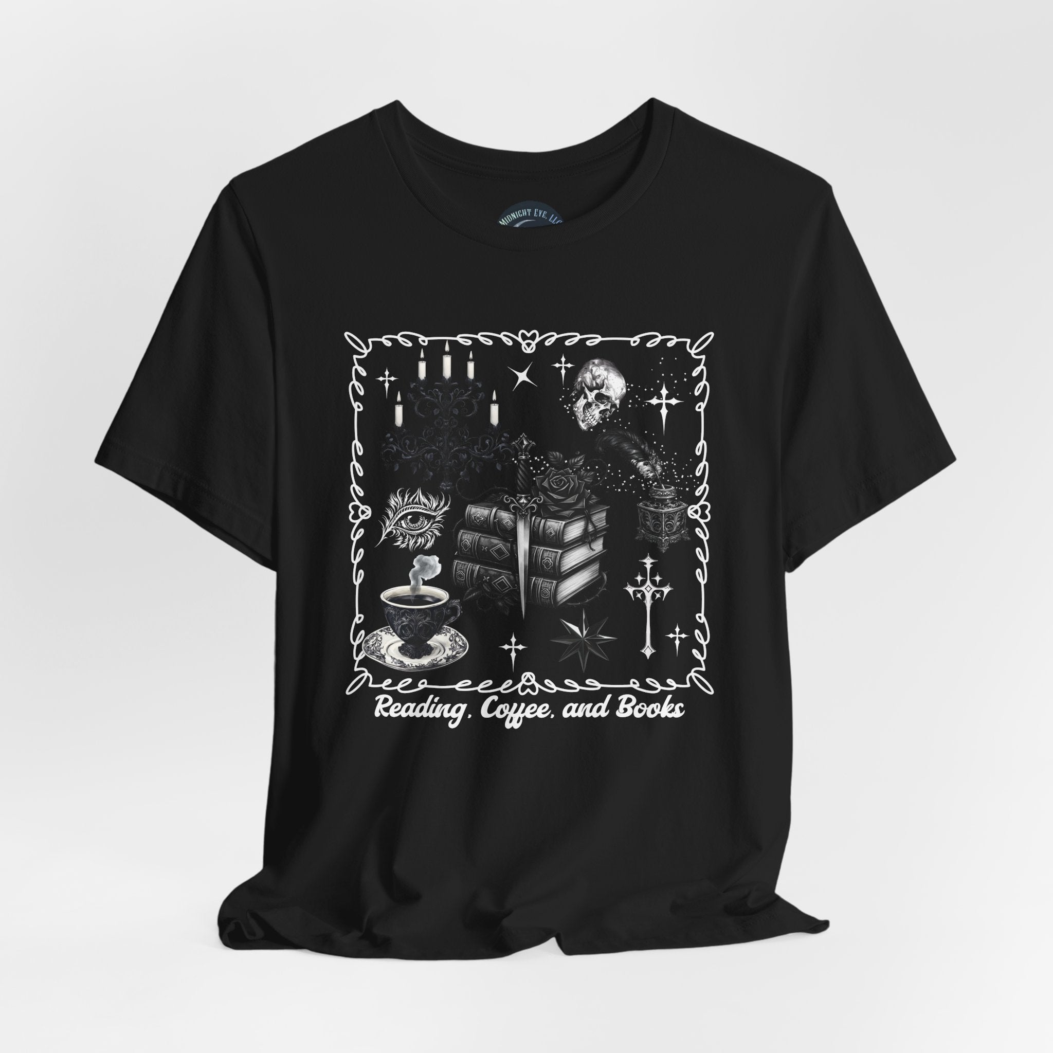 Reading, Coffee & Books T-Shirt — Cozy Gothic Booklover Tee - Dark Aesthetic T-Shirt