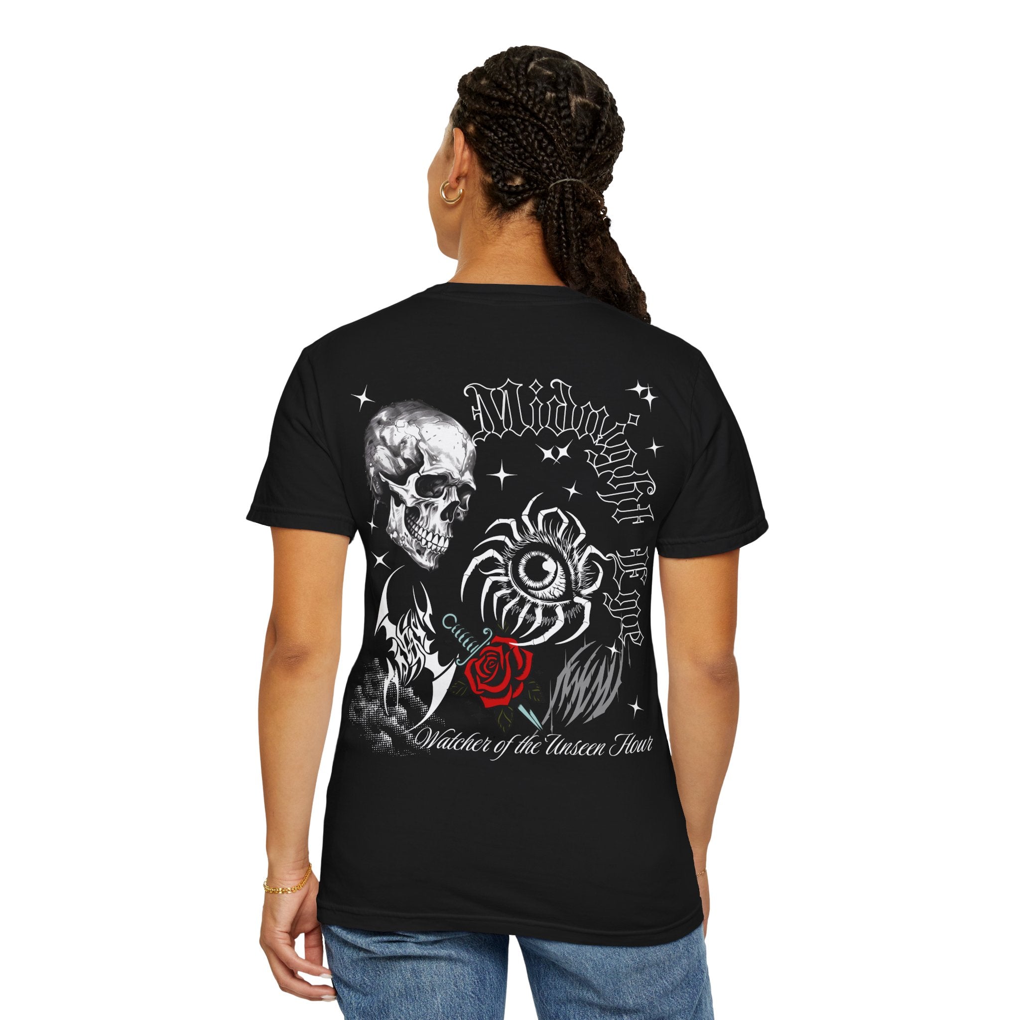 Skull & Red Rose Graphic T-Shirt — Midnight Rose Back Print - Eye T-Shirt - Mystical Tee - Dark Aesthetic Tee - Midnight Eye, LLC