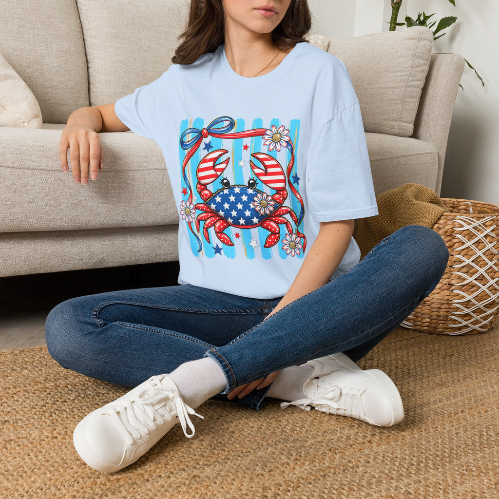 Patriotic Crab T-Shirt — American Flag Red White Blue Beach Tee Patriotic Crab T-Shirt — Preppy Cute and Funny Crab Tee. Midnight Eye, LLC.