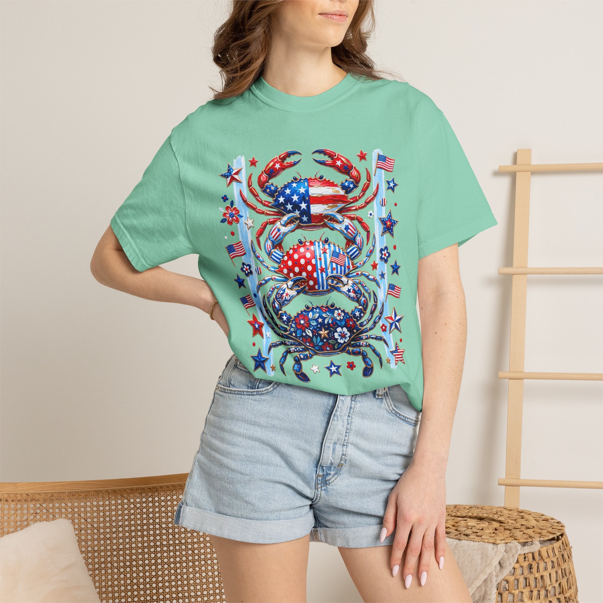 Patriotic Crab T-Shirt — Red White Blue Fourth of July Tee - Faux Brushstroke Graphic Tee