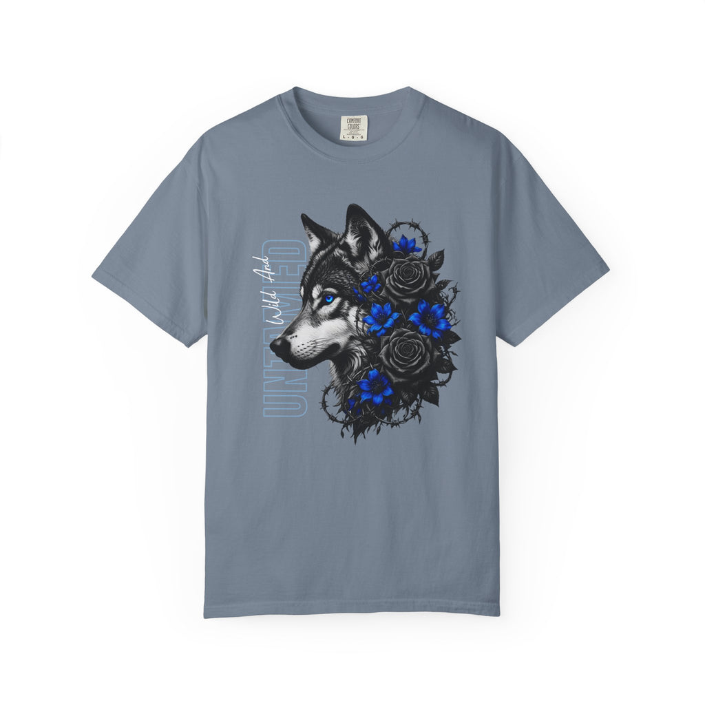 Wolf Floral T-Shirt — "Untamed" Graphic Tee with Blue & Black Roses. Midnight Eye, LLC.