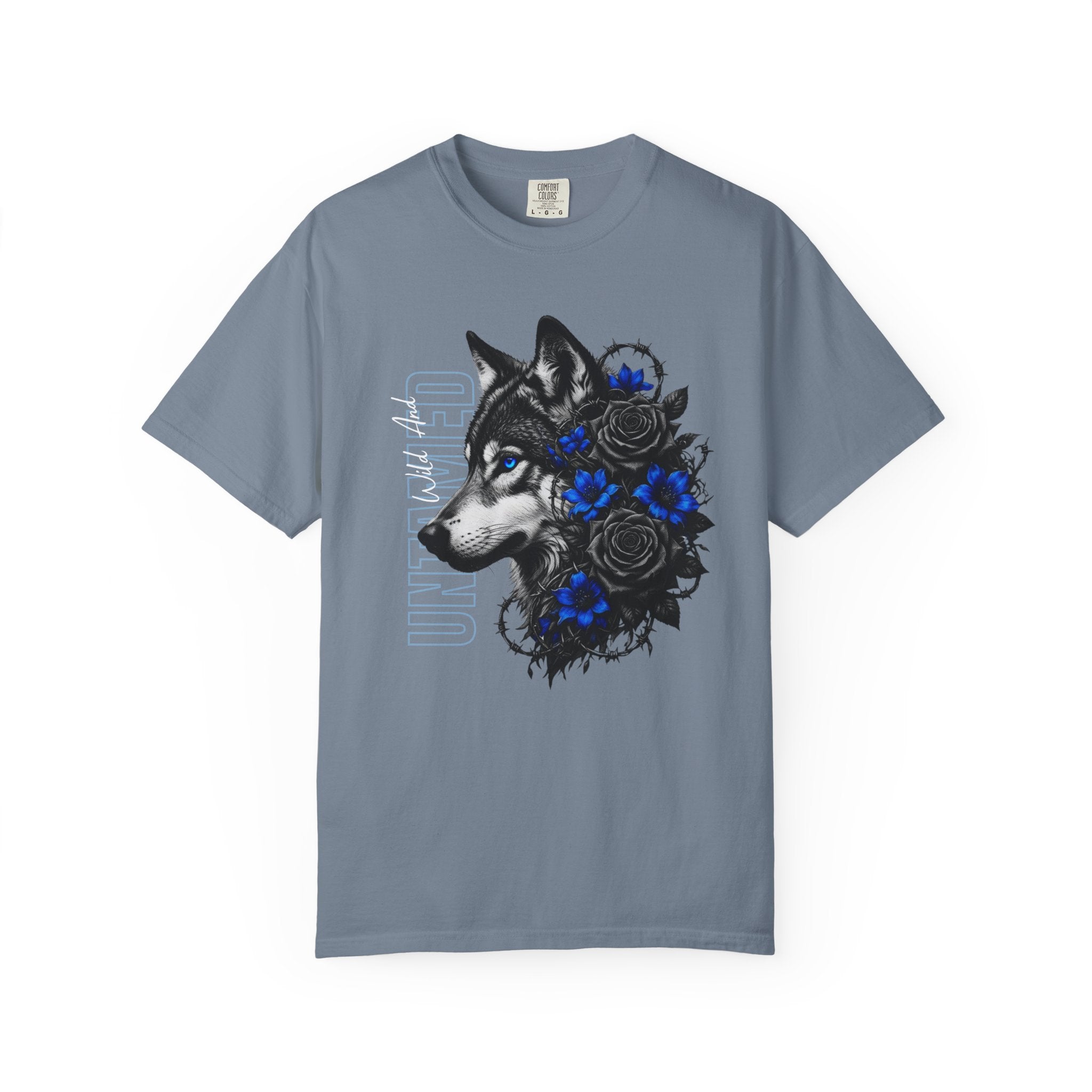 Wolf Floral T-Shirt — "Untamed" Graphic Tee with Blue & Black Roses. Midnight Eye, LLC.