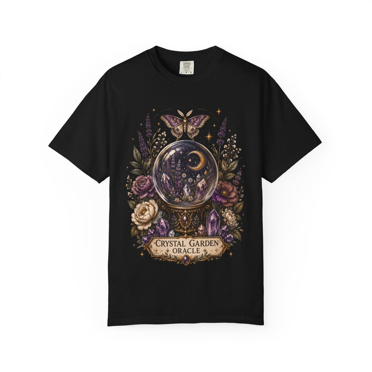 Crystal Garden Oracle T-Shirt — Mystical Moon & Crystal Ball Graphic Tee. Midnight Eye, LLC
